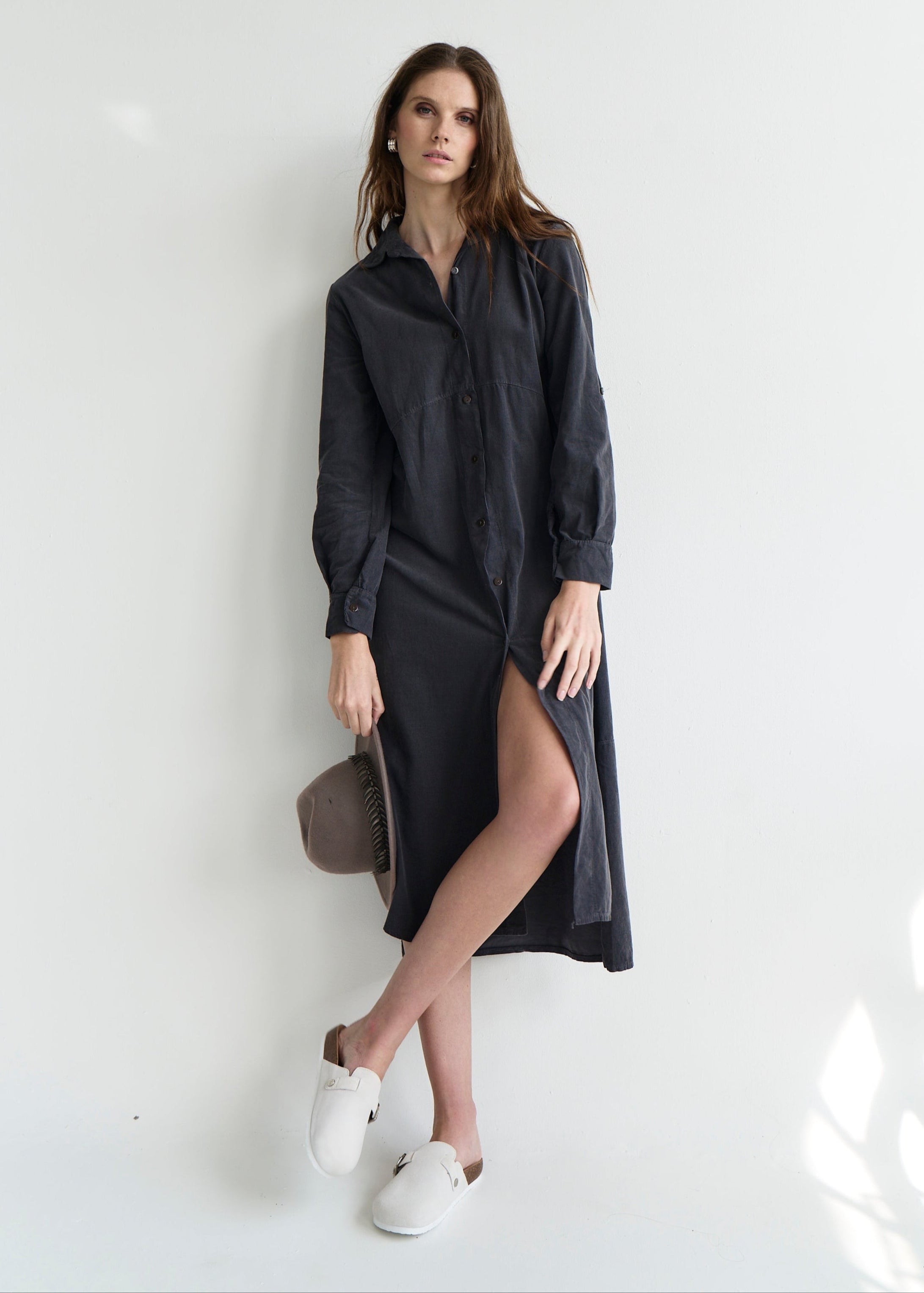 Roma Italian Velour Button up Dress in Black