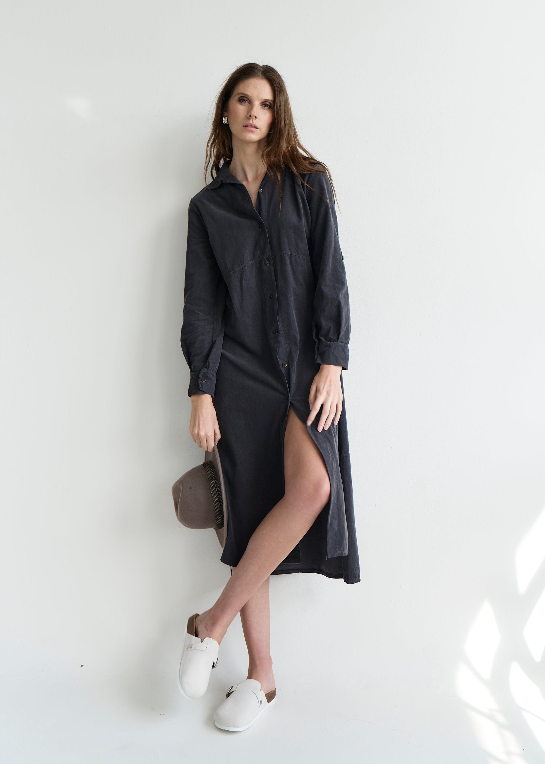 Roma Italian Velour Button up Dress in Black