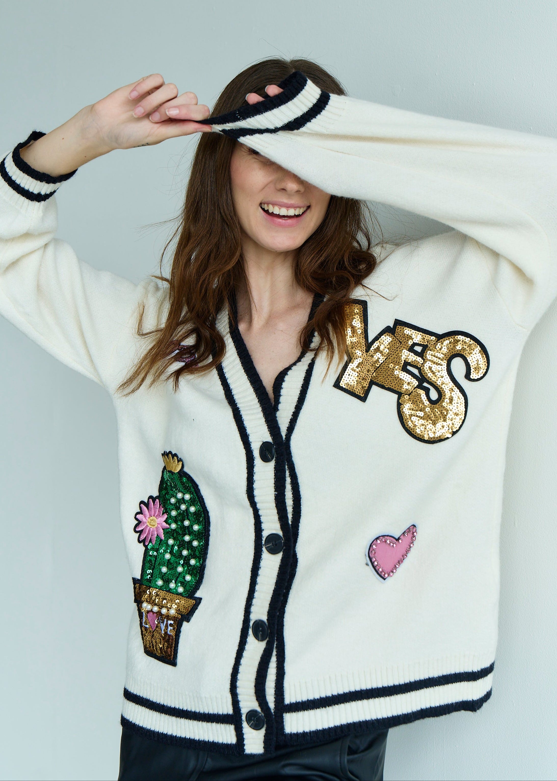 Murakami Embellished Knitted Cardigan with Sequin Motif in Cream