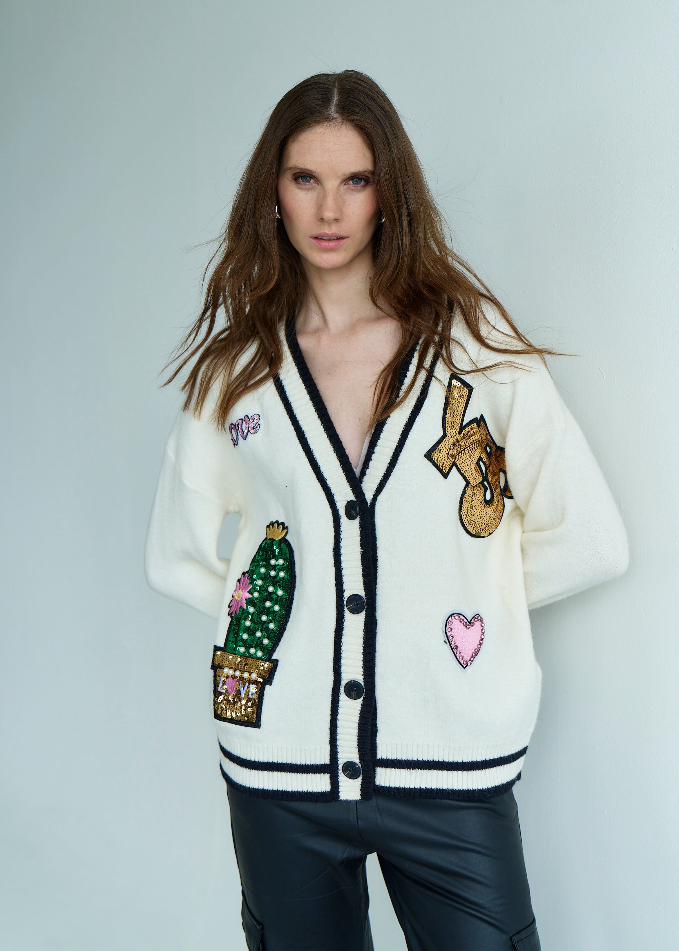 Murakami Embellished Knitted Cardigan with Sequin Motif in Cream