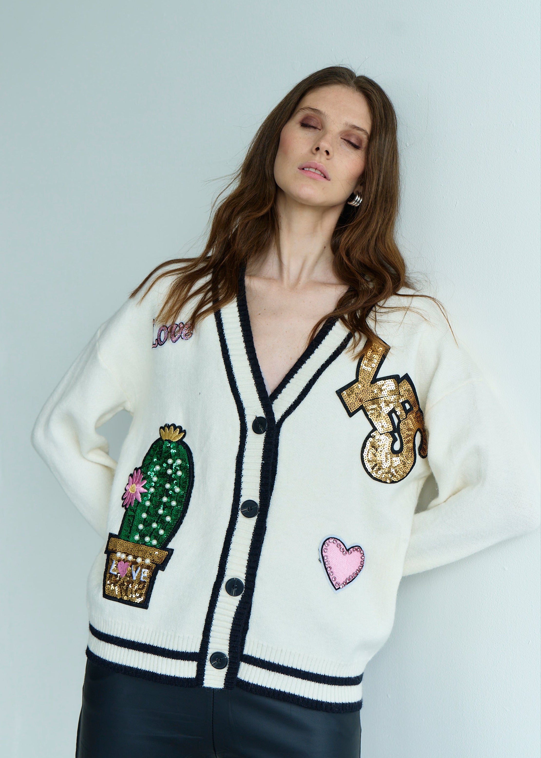 Murakami Embellished Knitted Cardigan with Sequin Motif in Cream