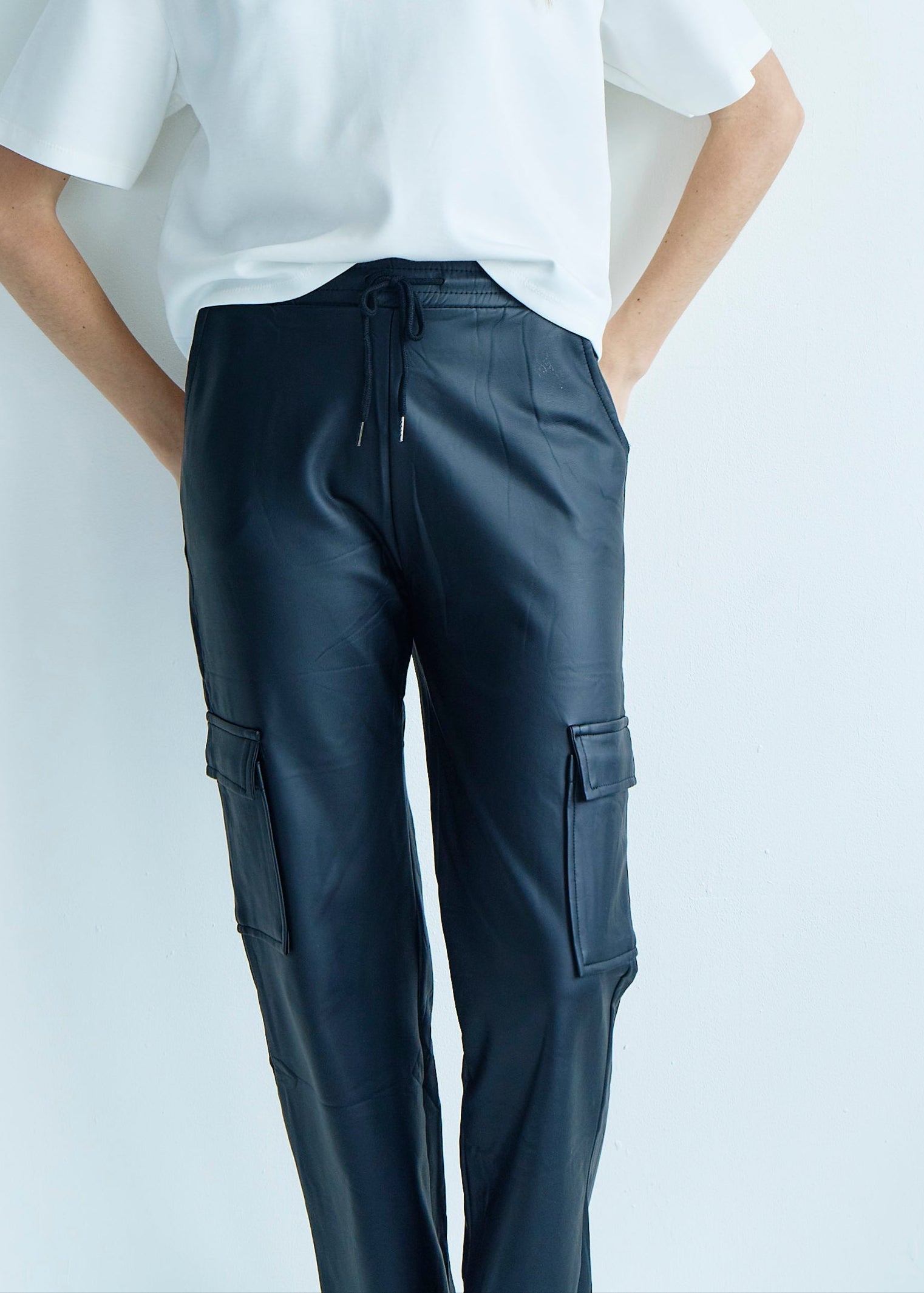 Vegan Leather Cargo Palazzo Pants in Black