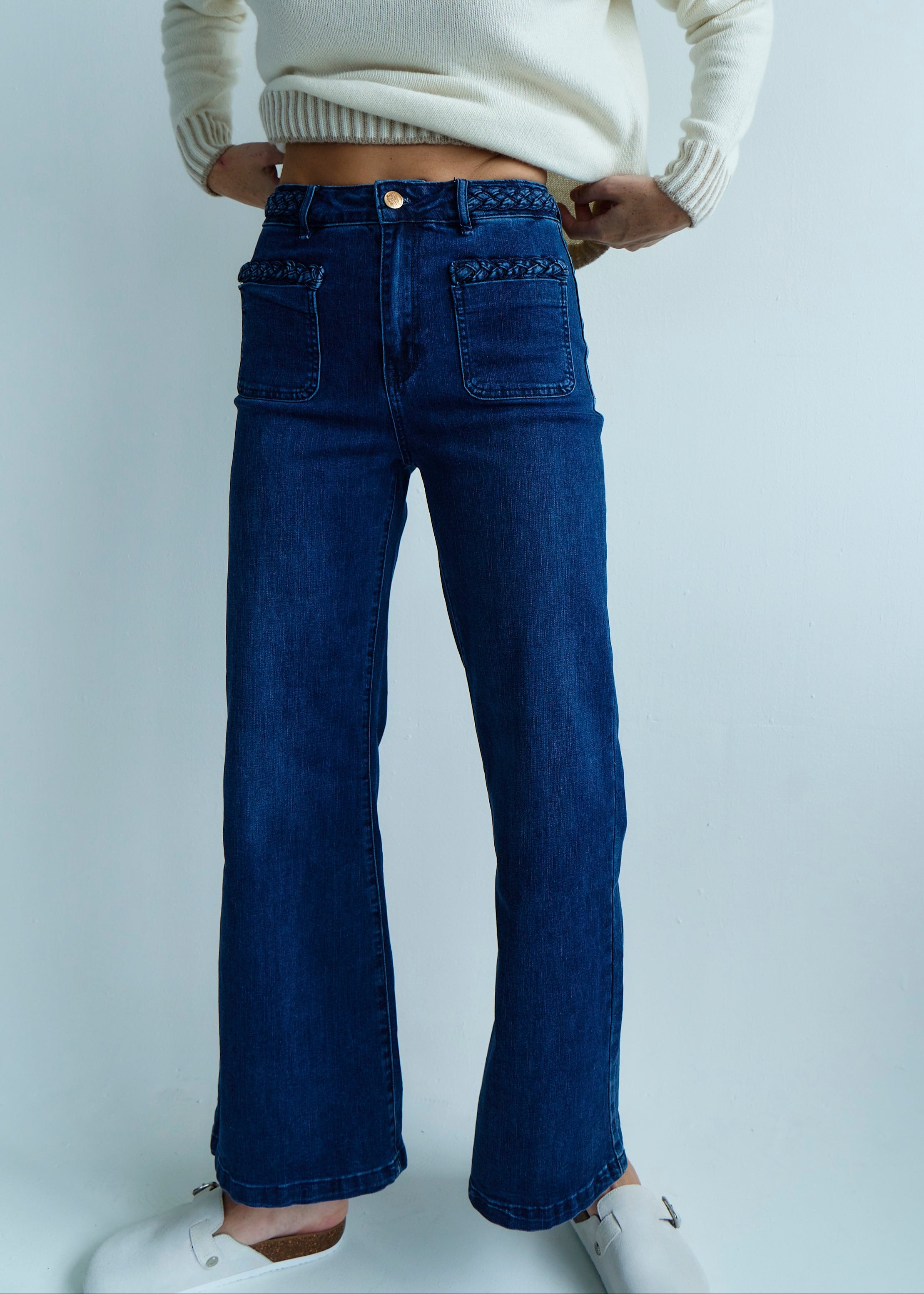 Wide Leg Blue Jeans with Plait Detail