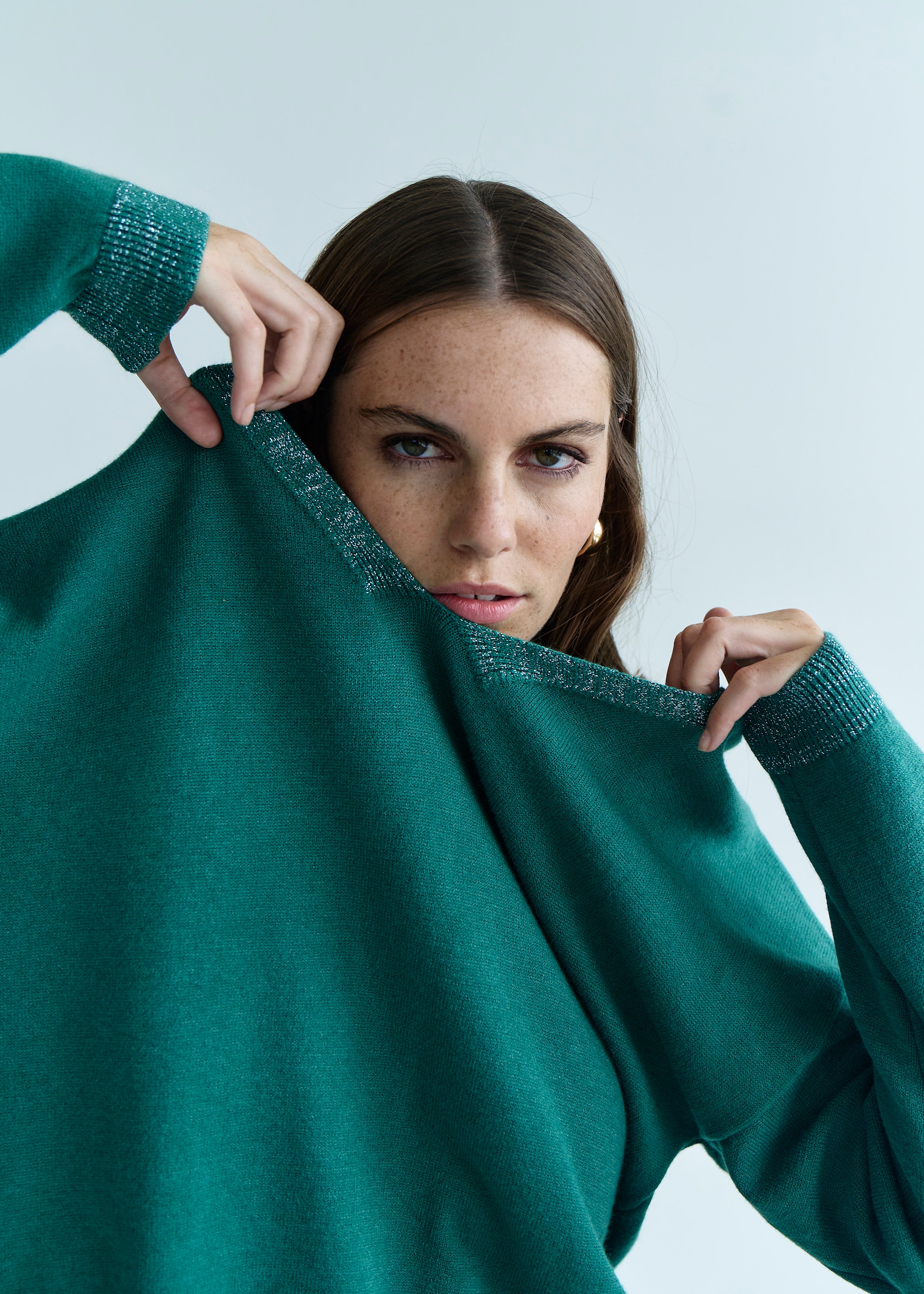 Italian Lurex Knit with Shimmer Neckline In Forest Green