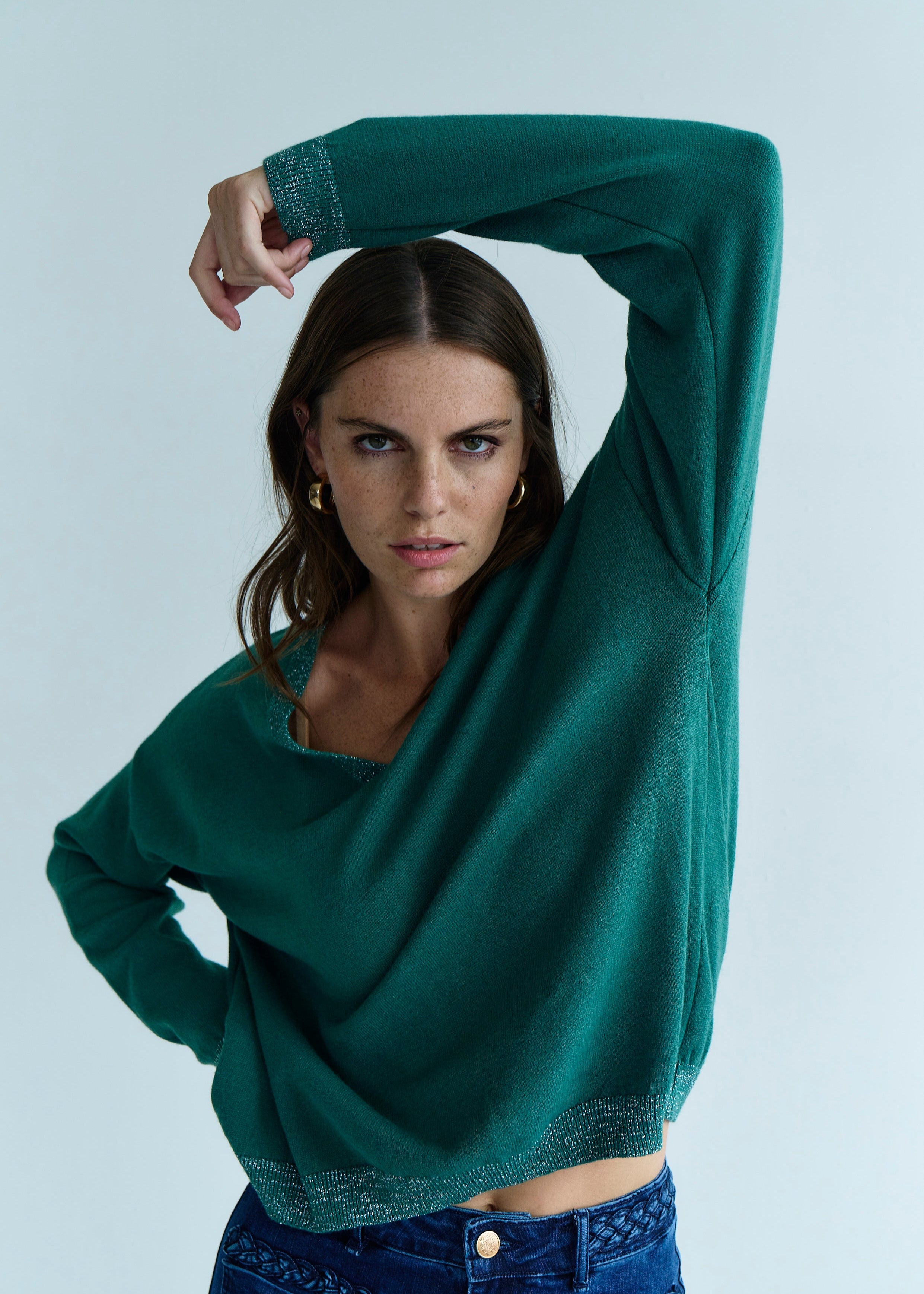 Italian Lurex Knit with Shimmer Neckline In Forest Green