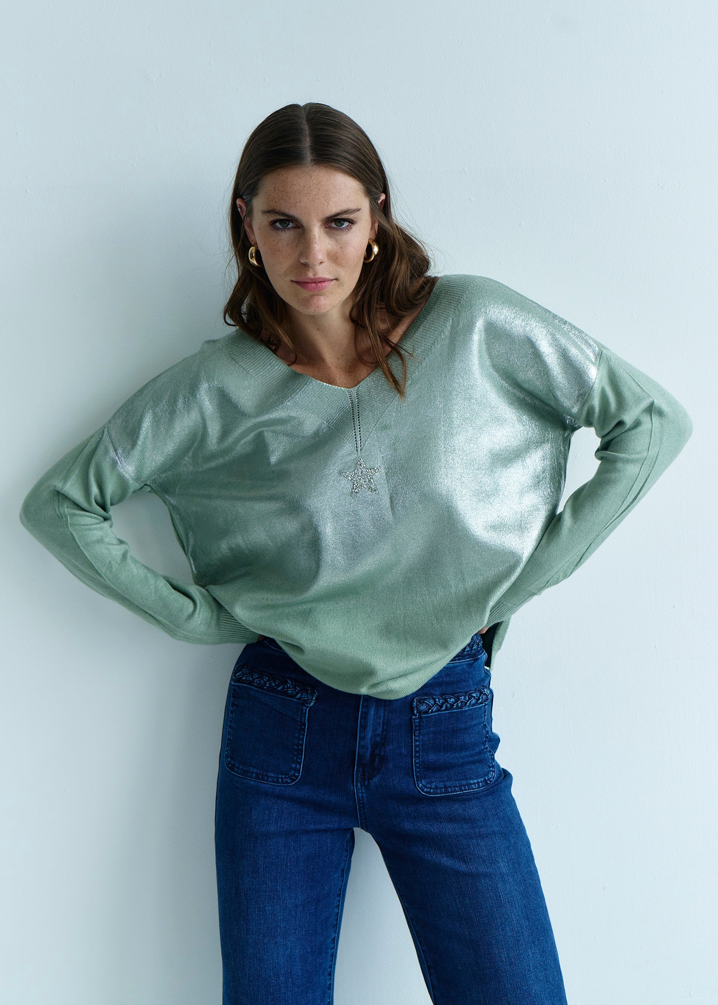 Italian Oversized Jumper with Shimmer Star In Green