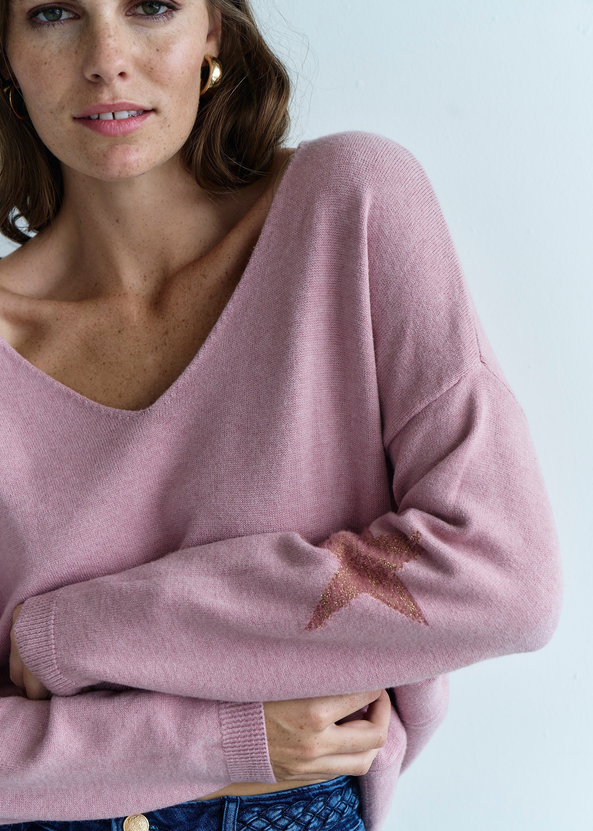 Italian V Neck Jumper with Stars on Elbows In Rose