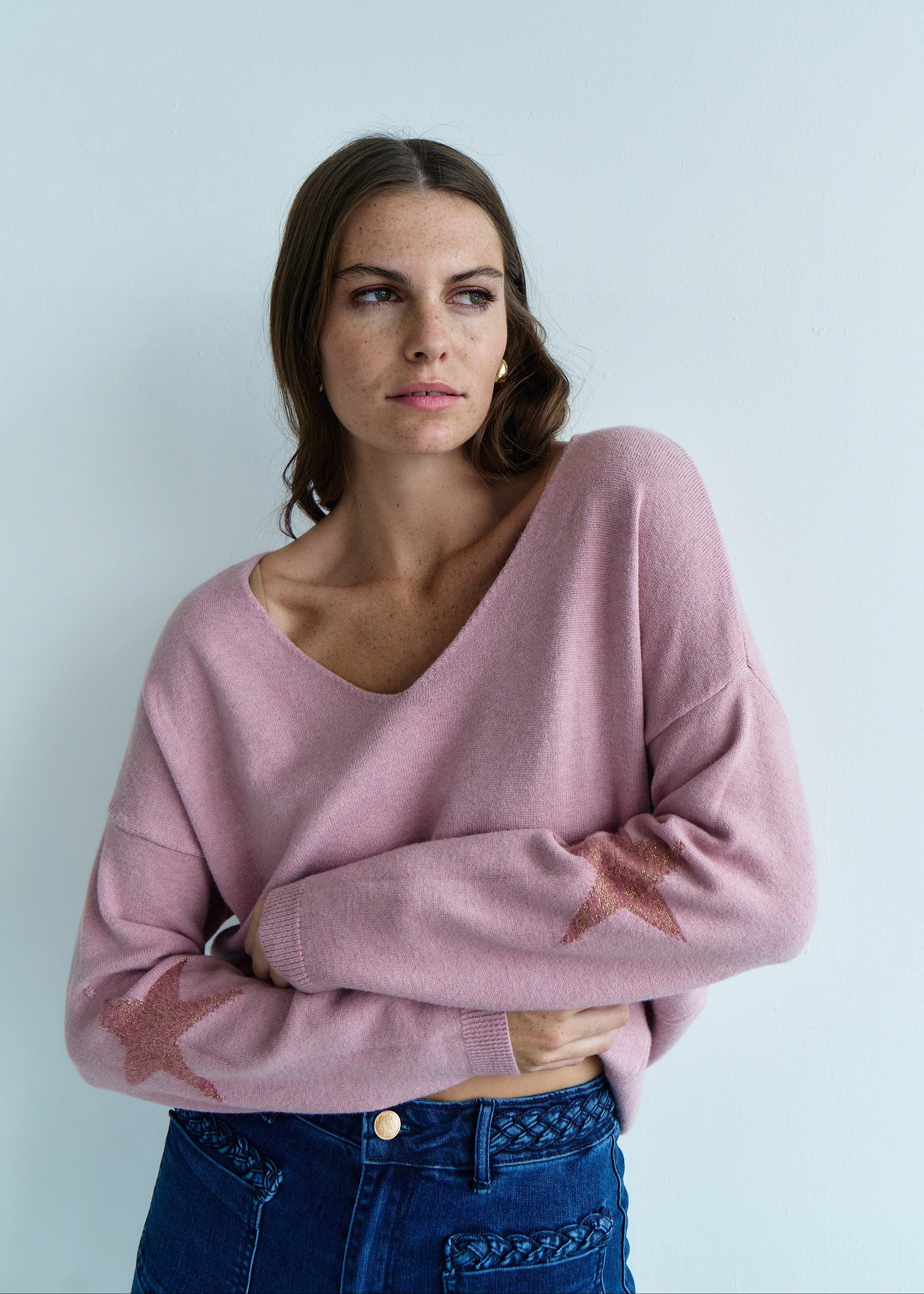 Italian V Neck Jumper with Stars on Elbows In Rose