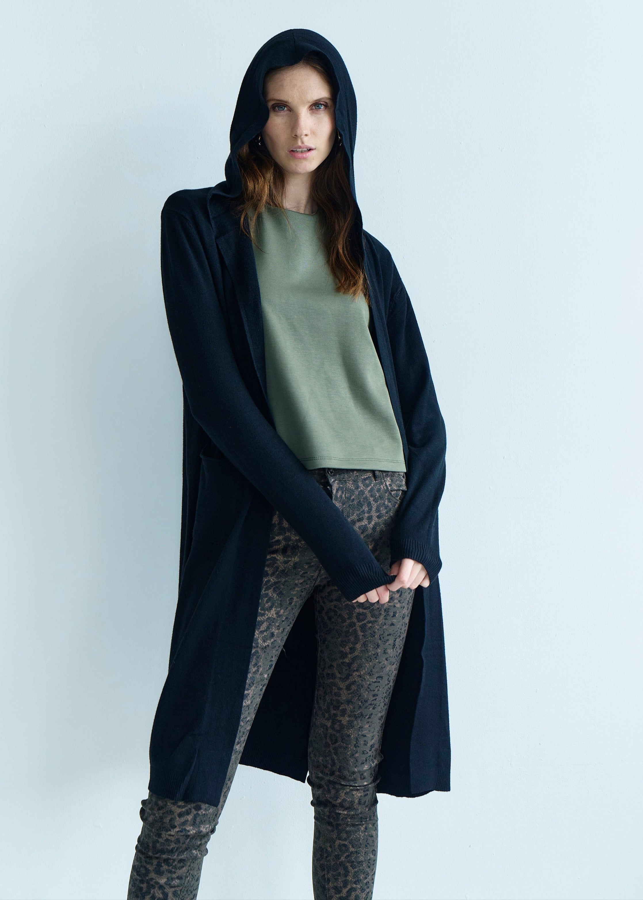 Paris Full Length Knitted Viscose Cardigan with Hood in Black