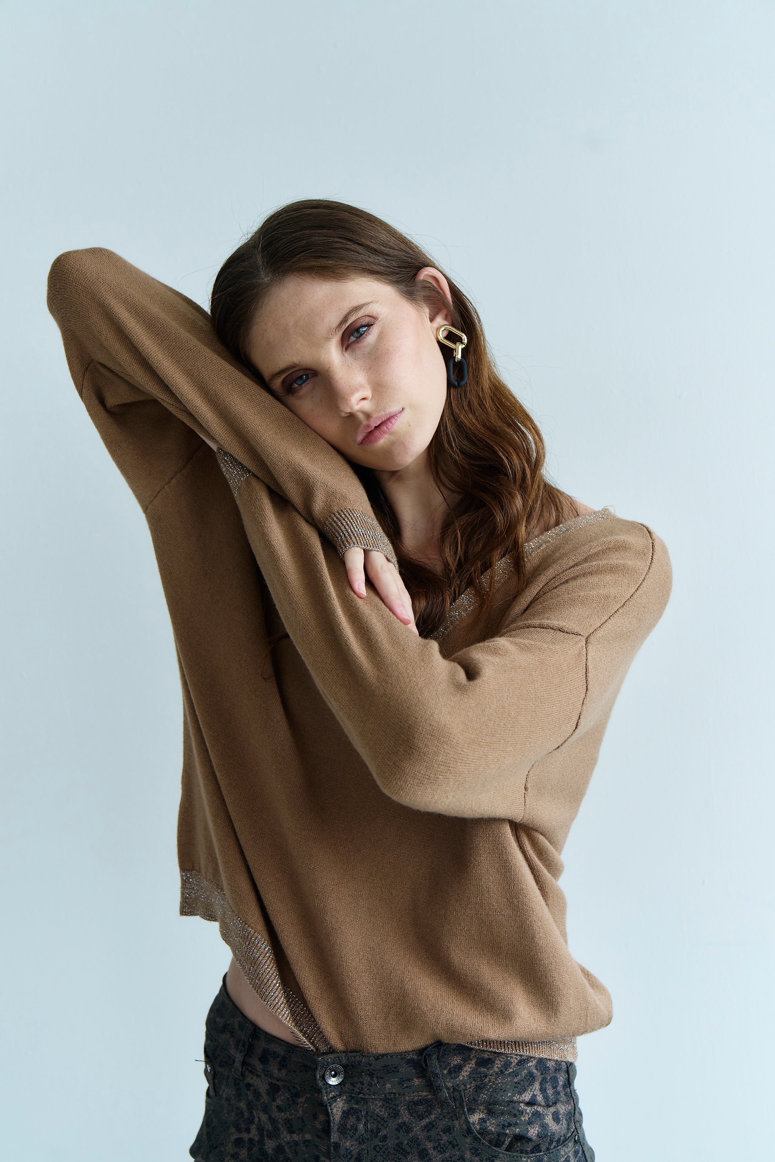 Italian Lurex Knit with Shimmer Neckline In Camel