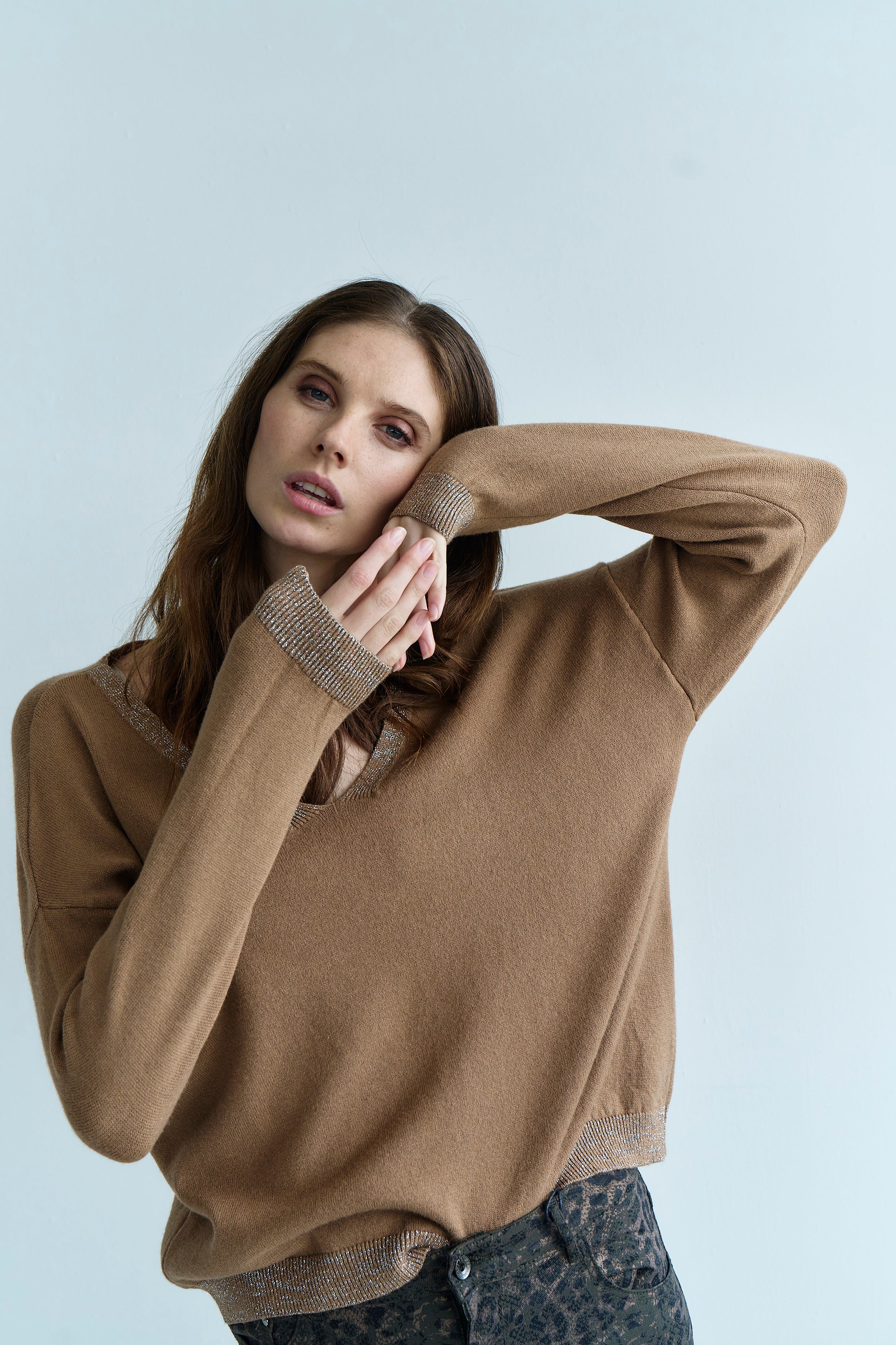 Italian Lurex Knit with Shimmer Neckline In Camel