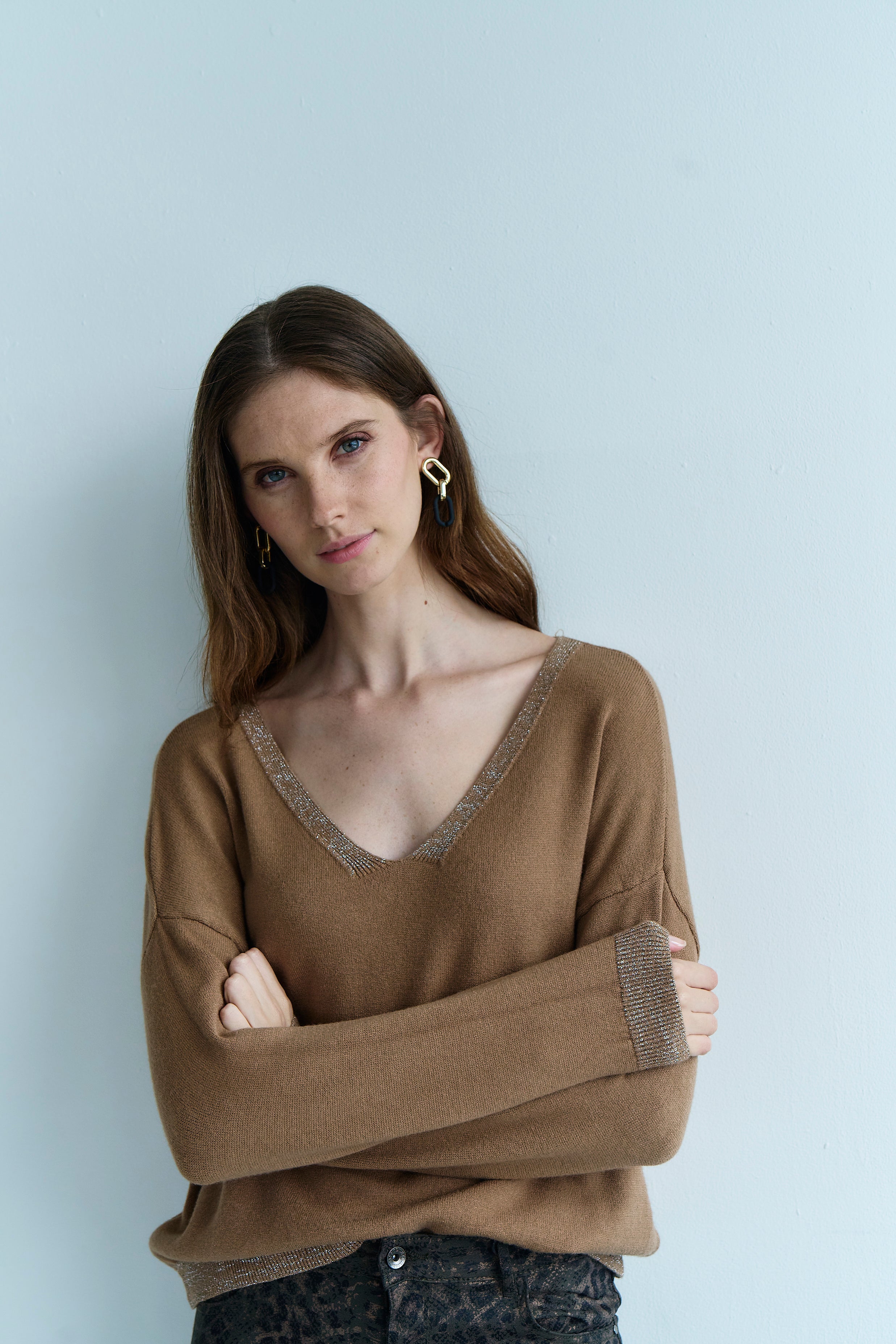 Italian Lurex Knit with Shimmer Neckline In Camel