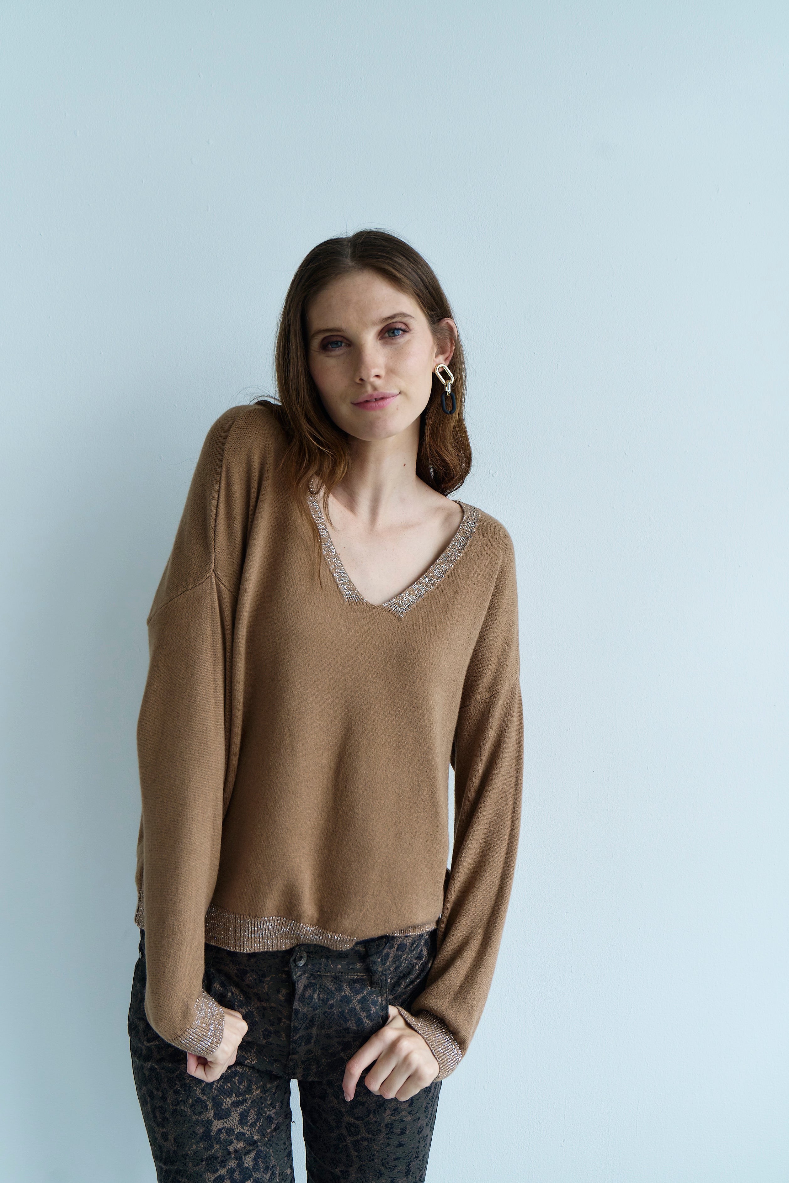 Italian Lurex Knit with Shimmer Neckline In Camel