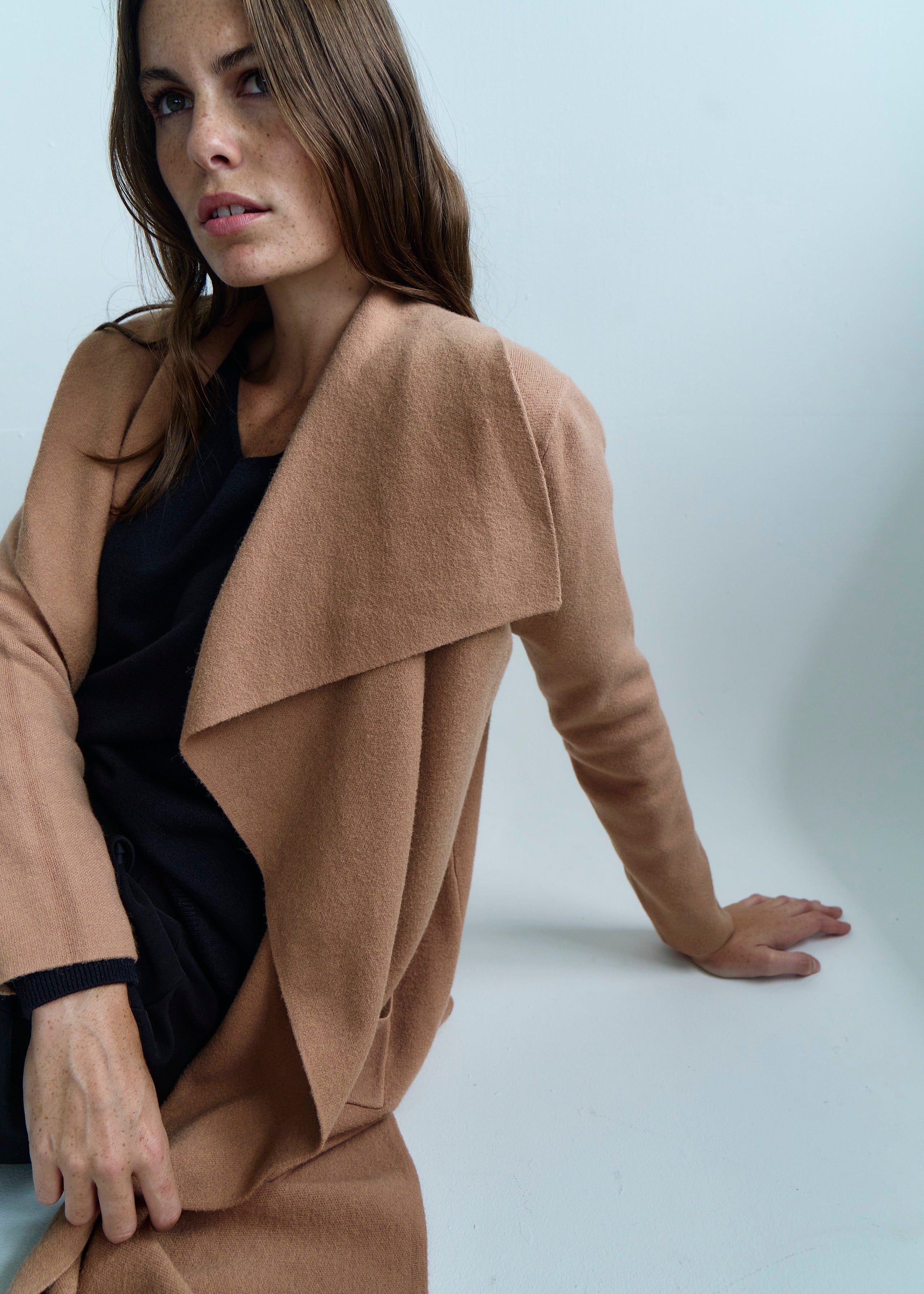 Jackie O 3/4 Length Knitted Viscose Coat in Caramel