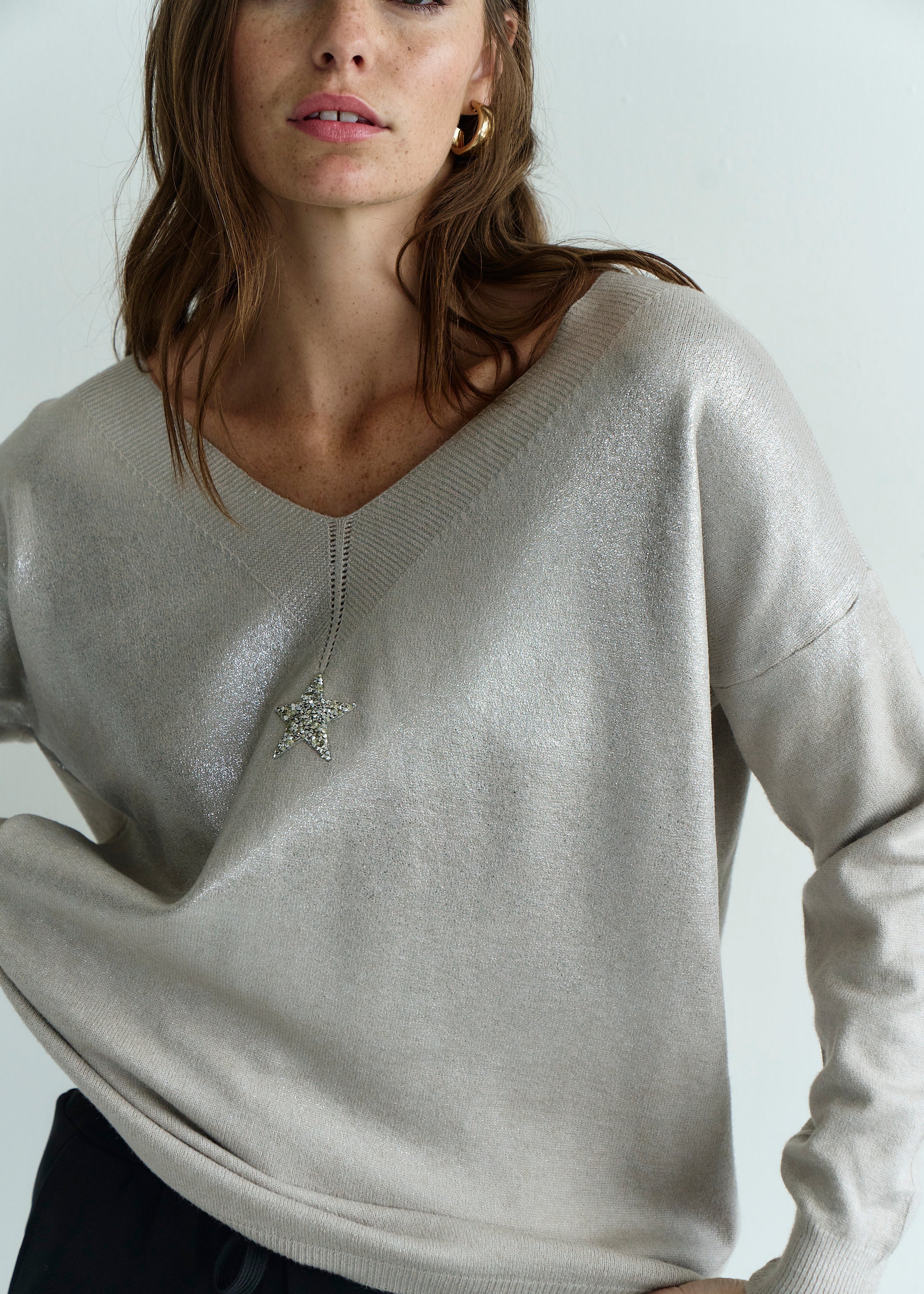 Italian Oversized Jumper with Shimmer Star In Taupe