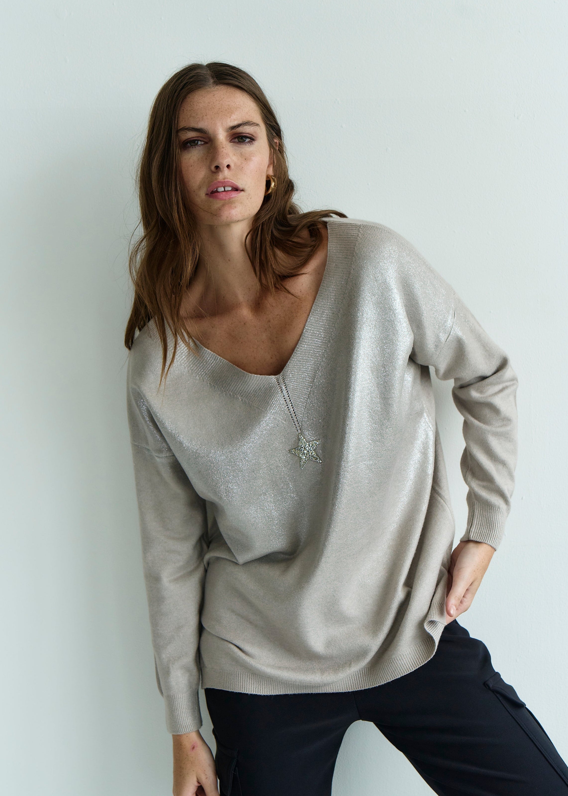 Italian Oversized Jumper with Shimmer Star In Taupe