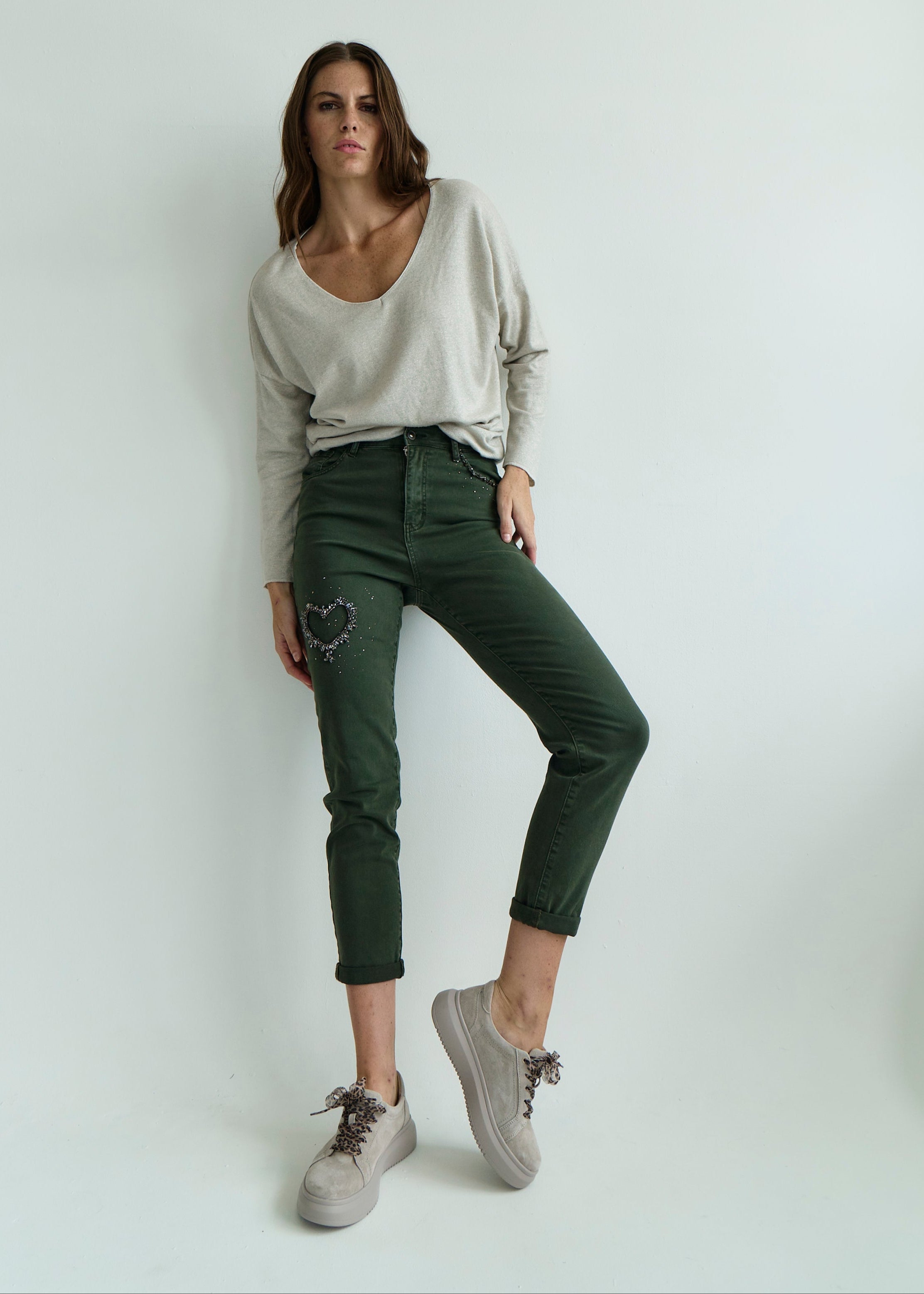 High Waisted Jeans with Embelished Heart in Khaki