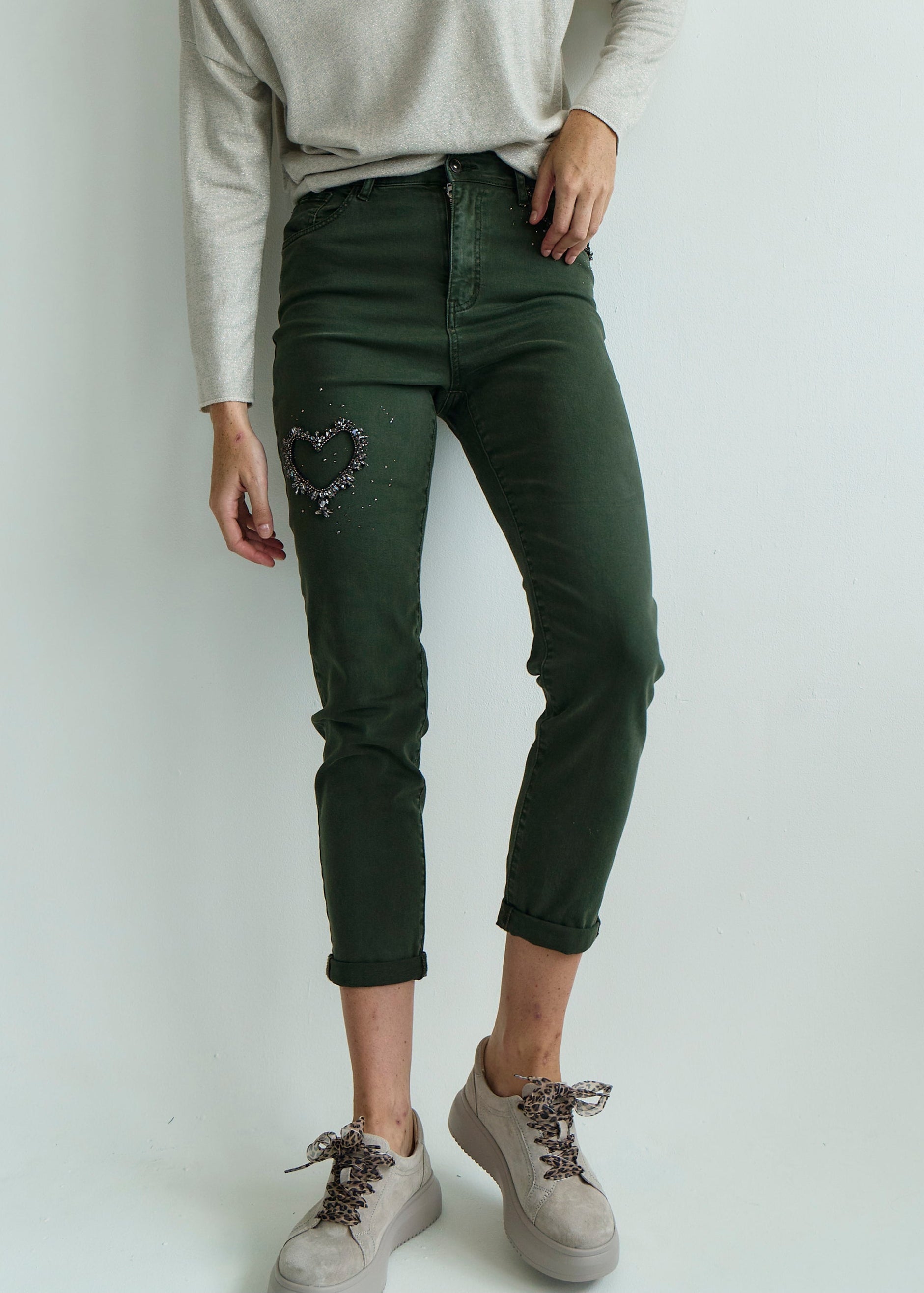 High Waisted Jeans with Embelished Heart in Khaki