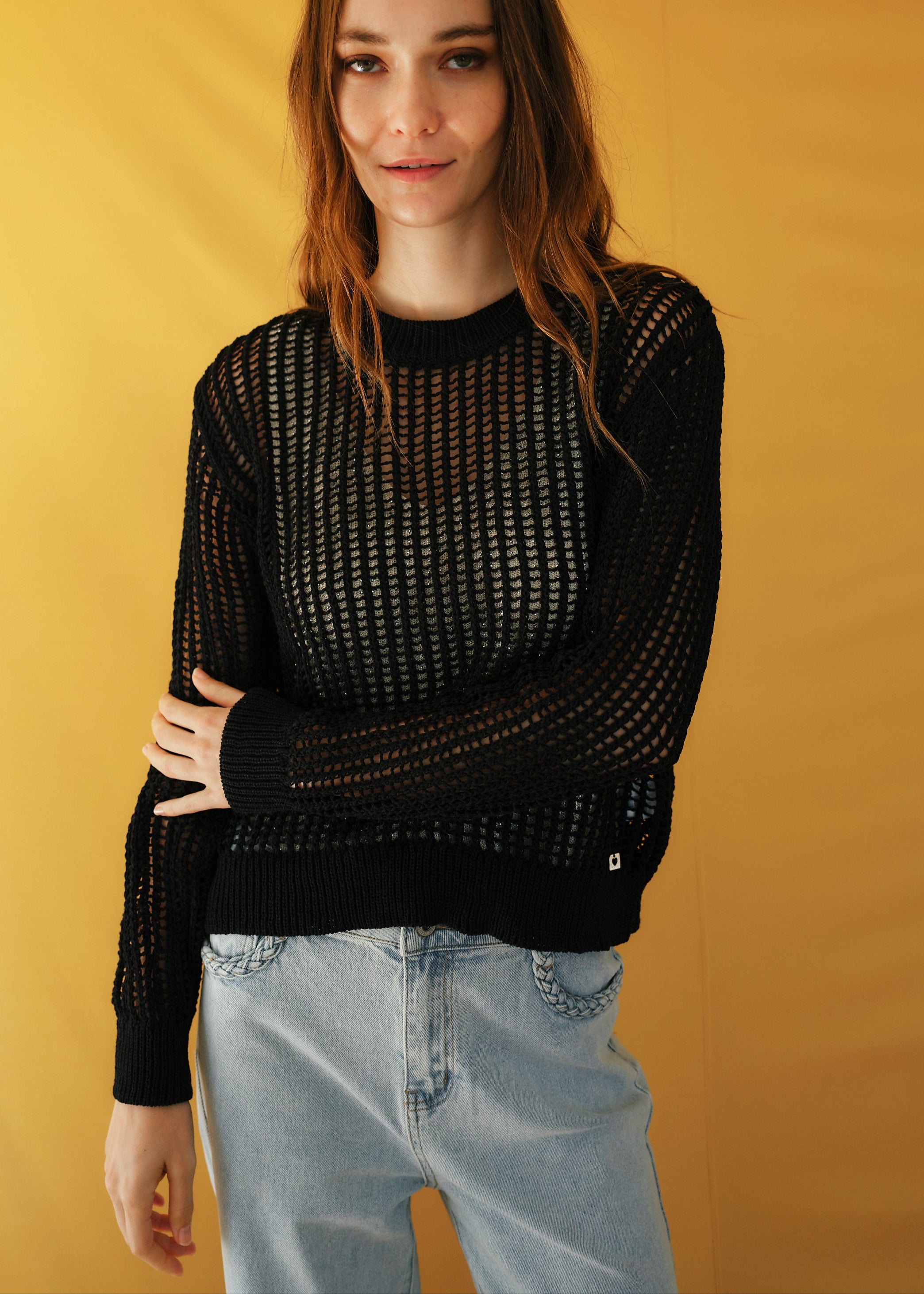 Ibiza Knitted Open Weave Jumper with Lurex in Black