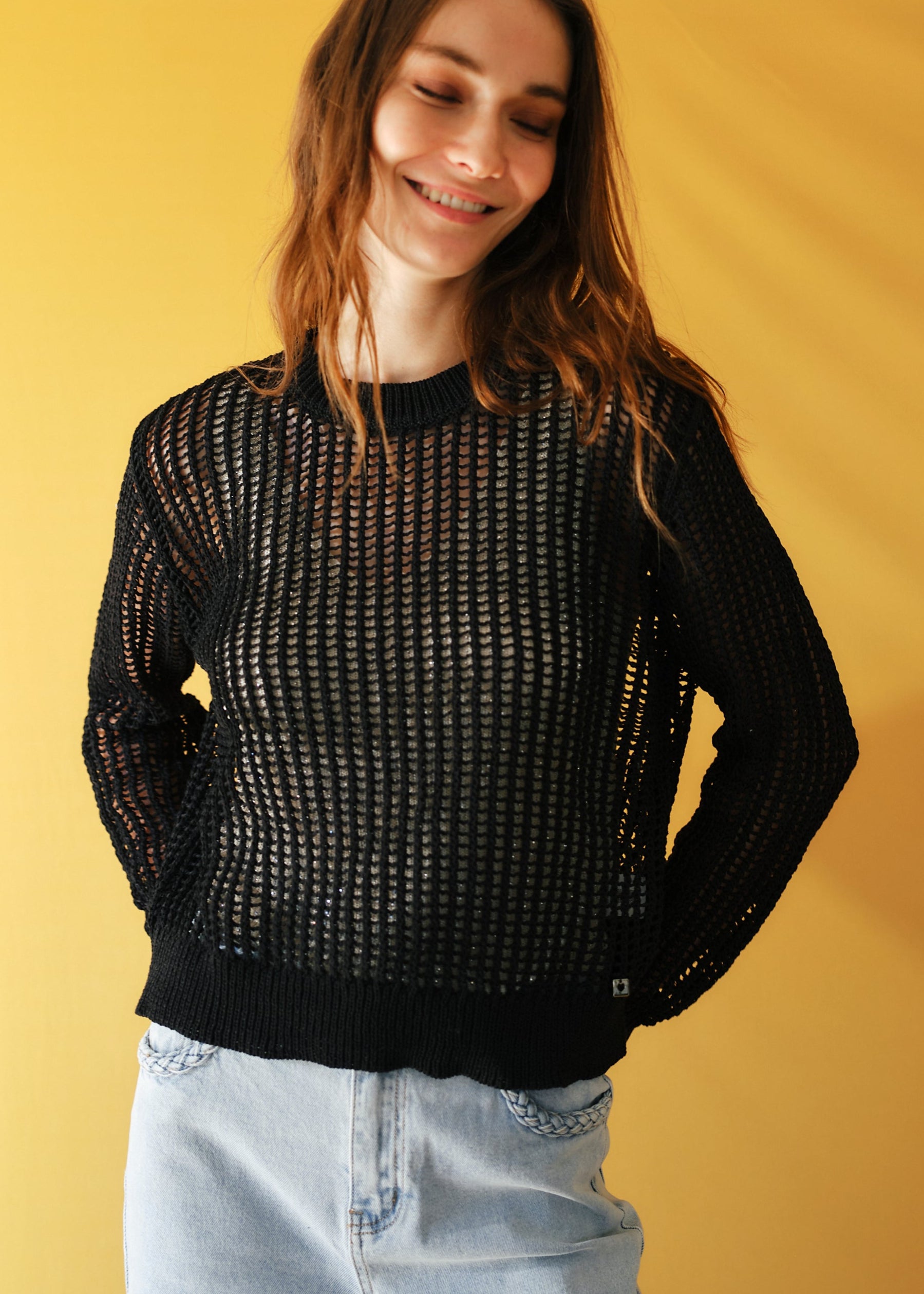 Ibiza Knitted Open Weave Jumper with Lurex in Black