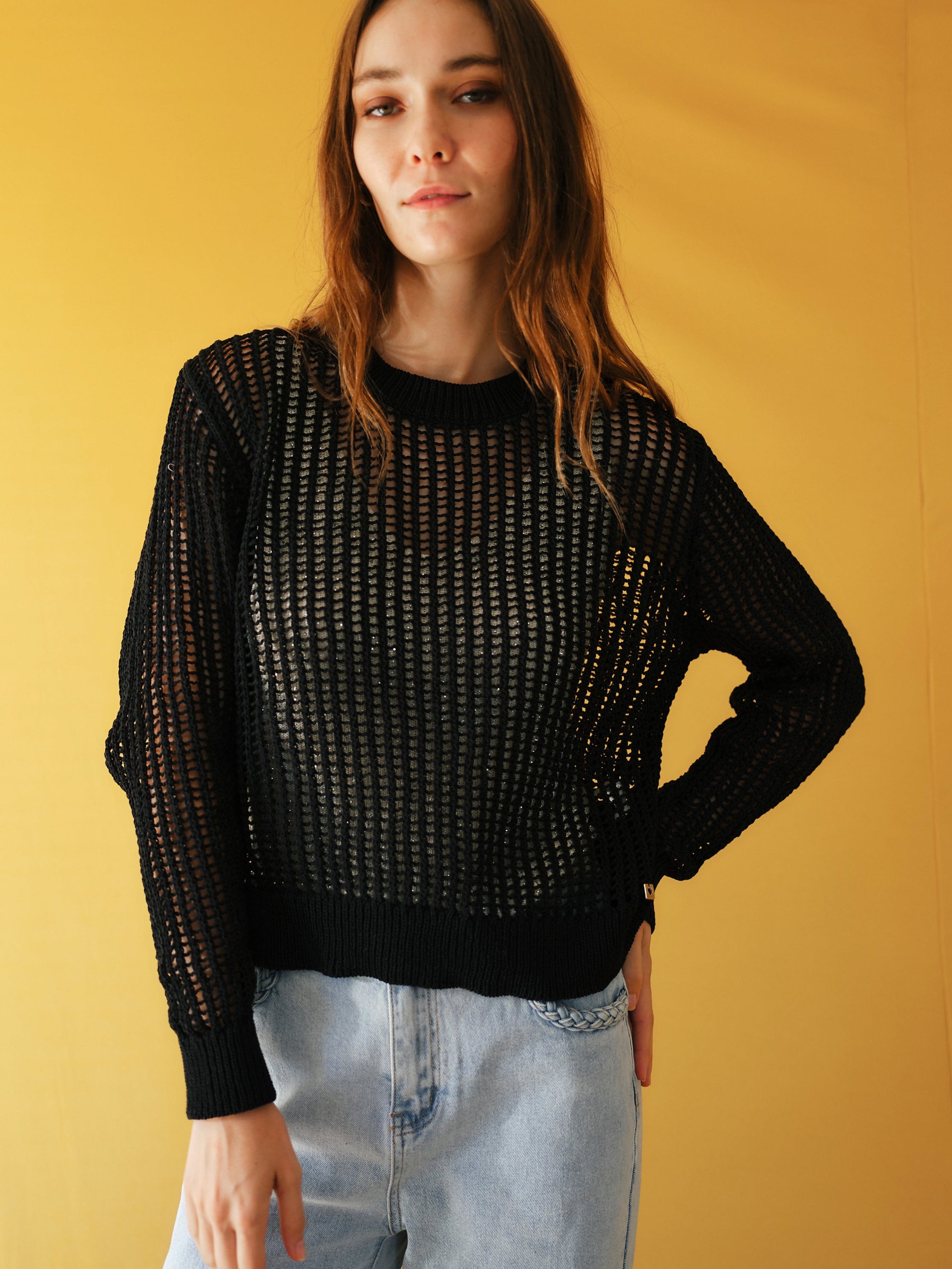 Ibiza Knitted Open Weave Jumper with Lurex in Black