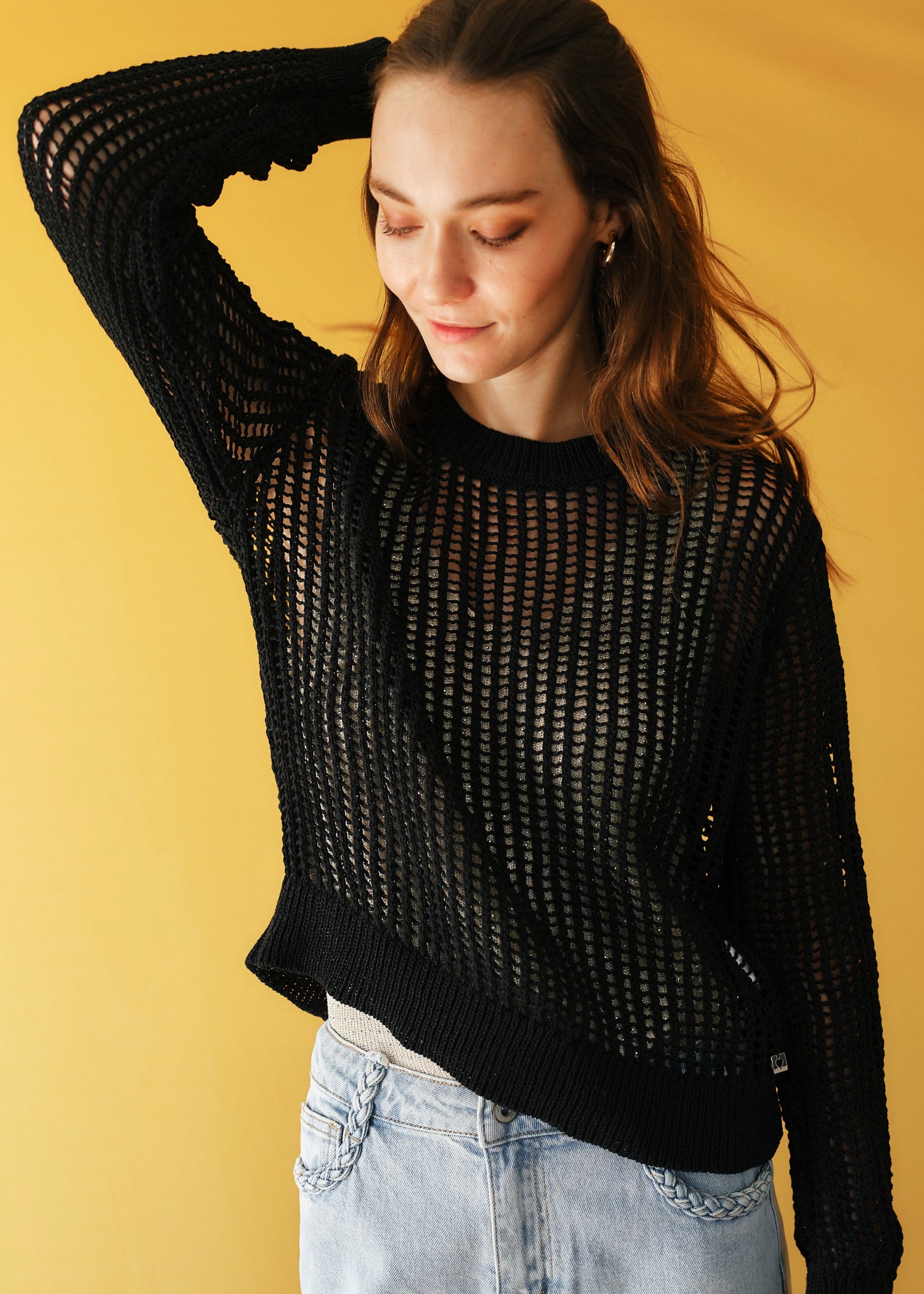 Ibiza Knitted Open Weave Jumper with Lurex in Black