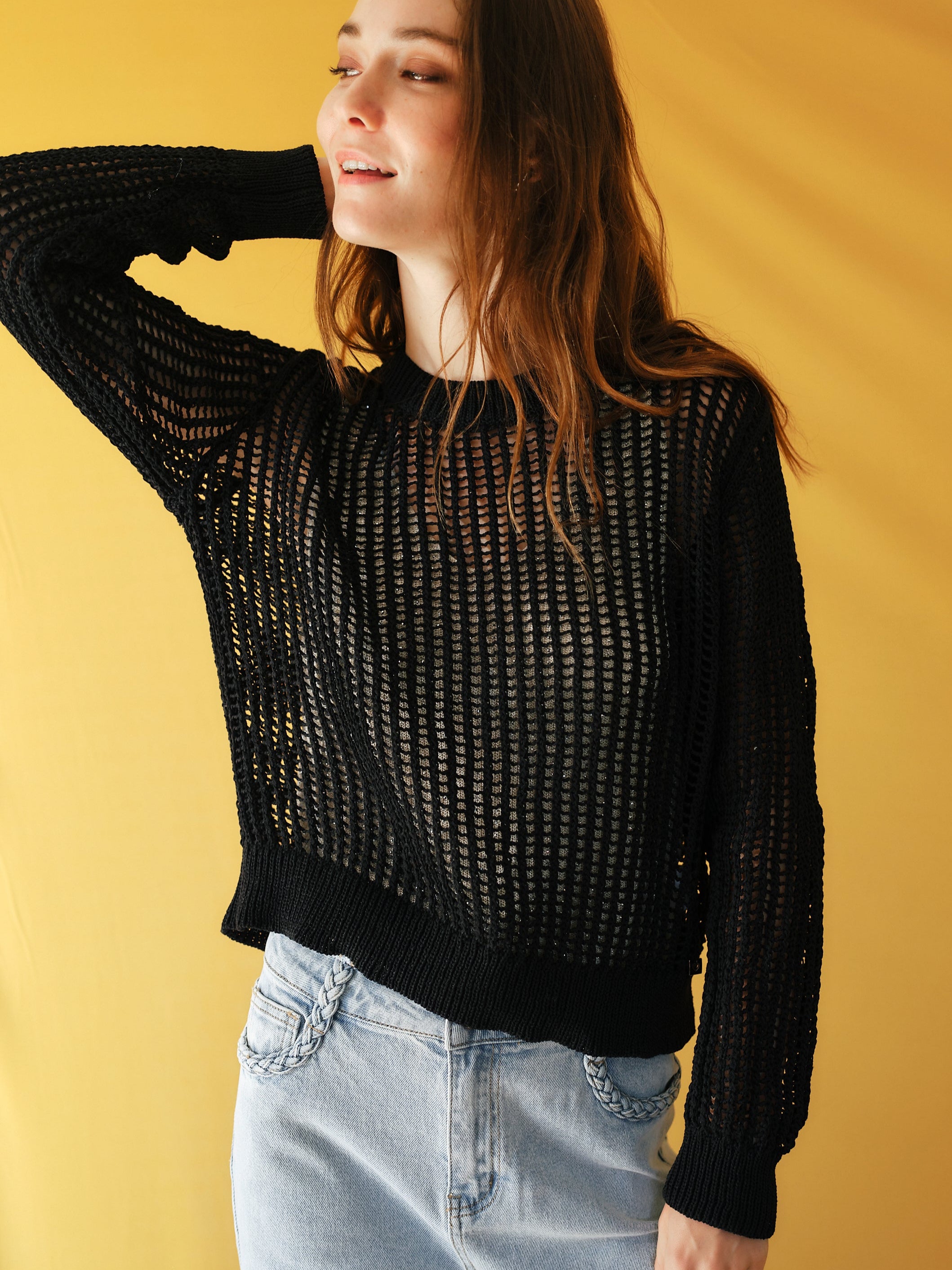 Ibiza Knitted Open Weave Jumper with Lurex in Black