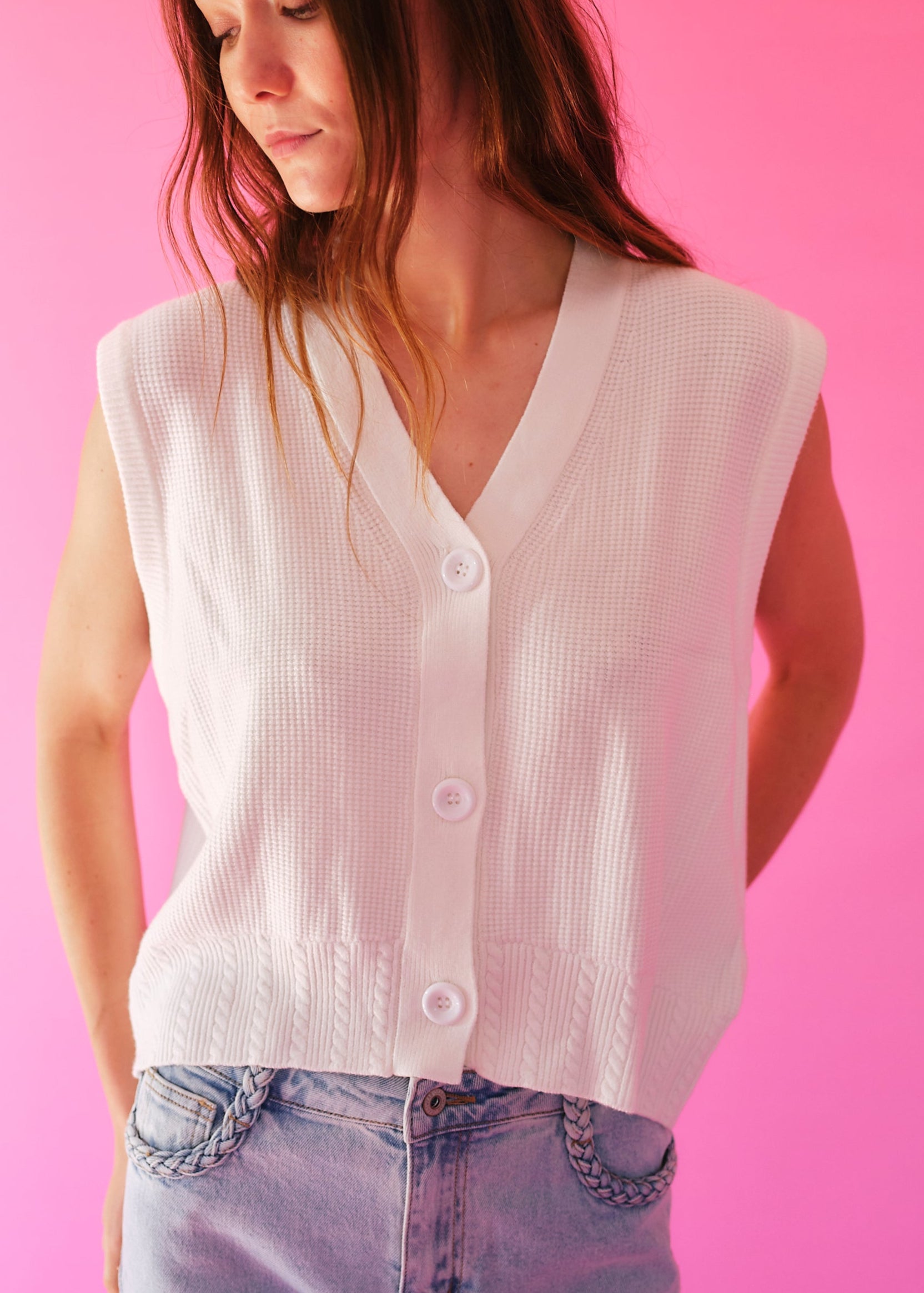 White Oversized Sleeveless Knitted Cardi