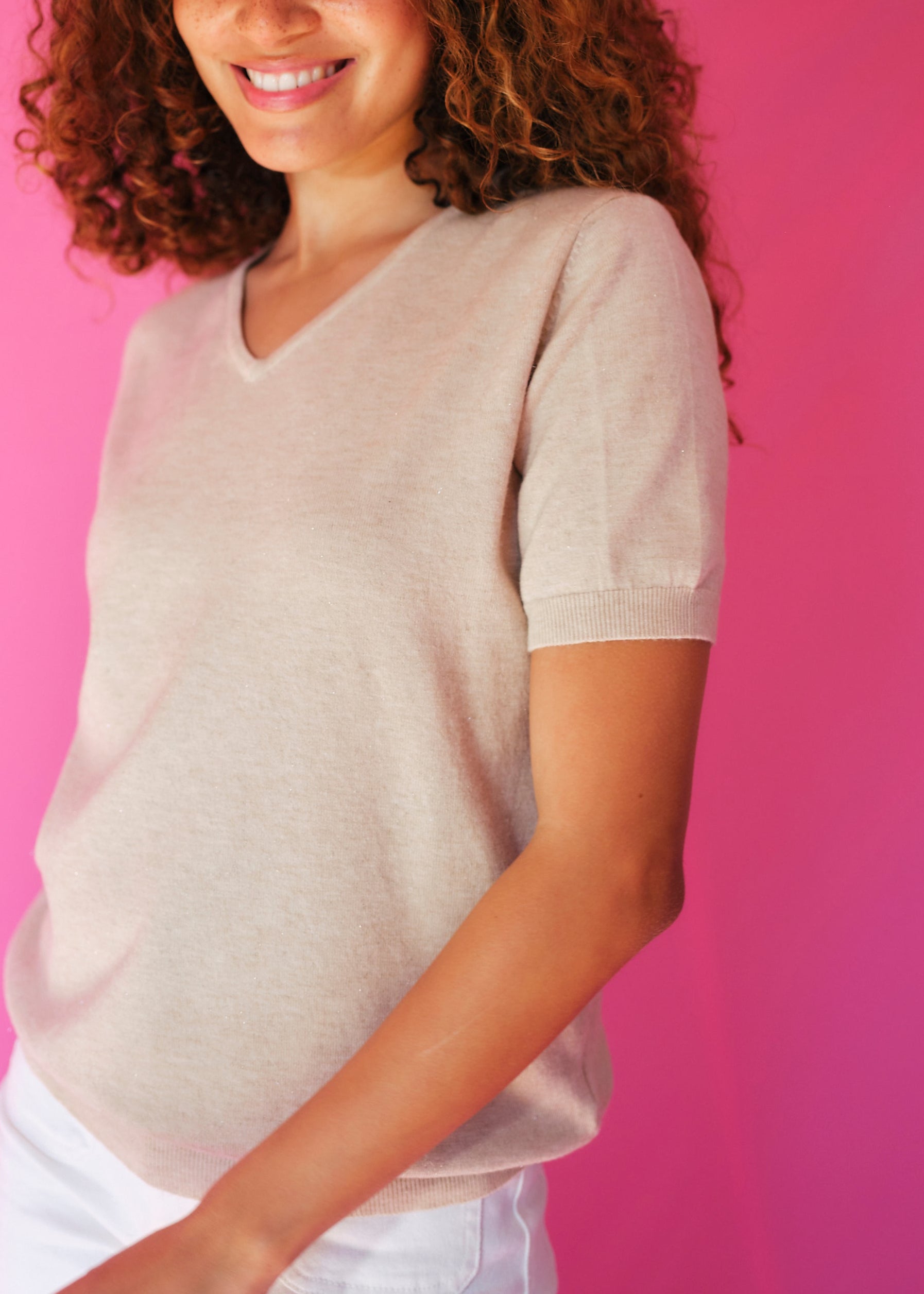 Lurex V Neck Tee with Shimmer Detail in Beige
