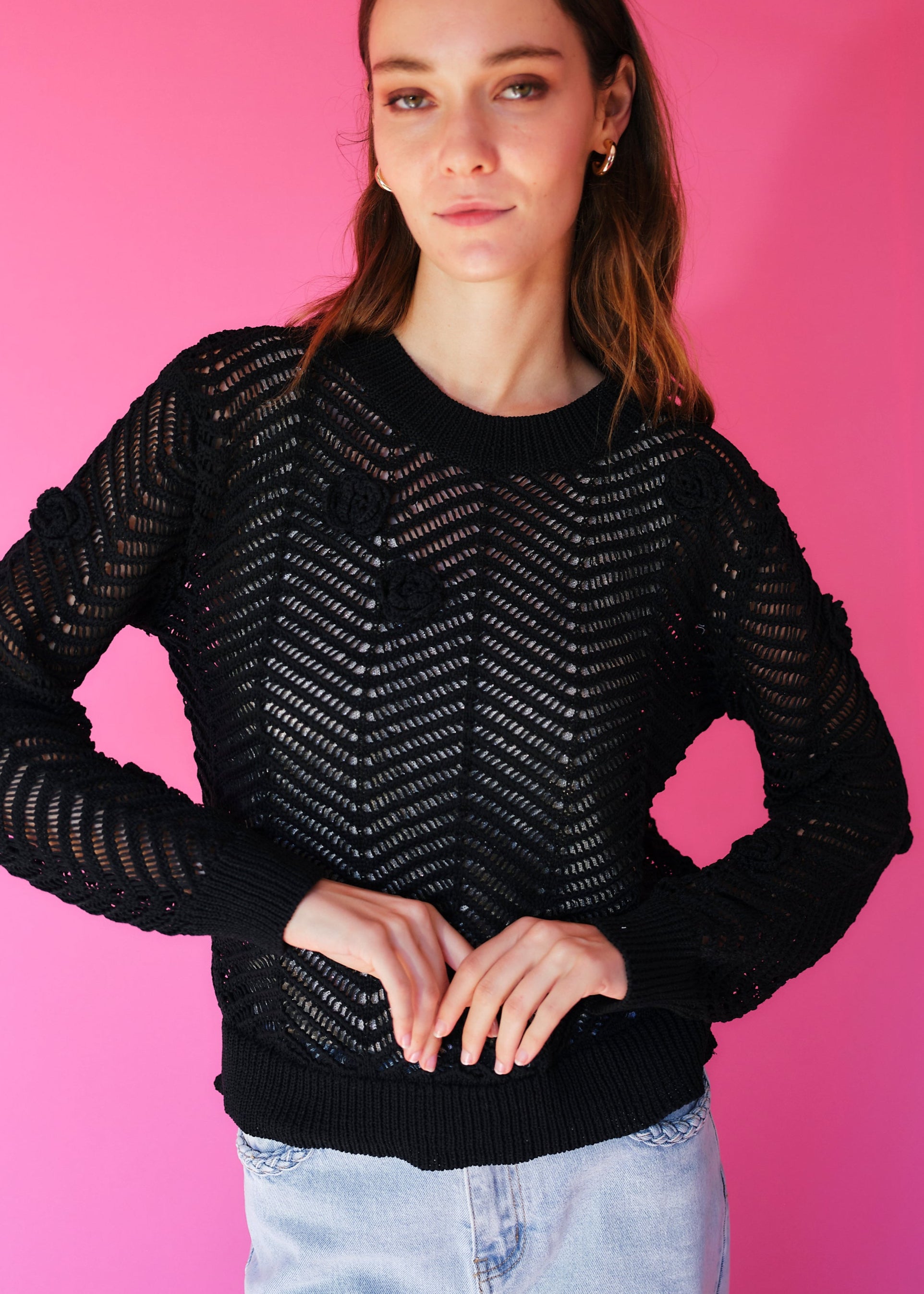 Camellia Knitted Open Weave Jumper with Lurex in Black