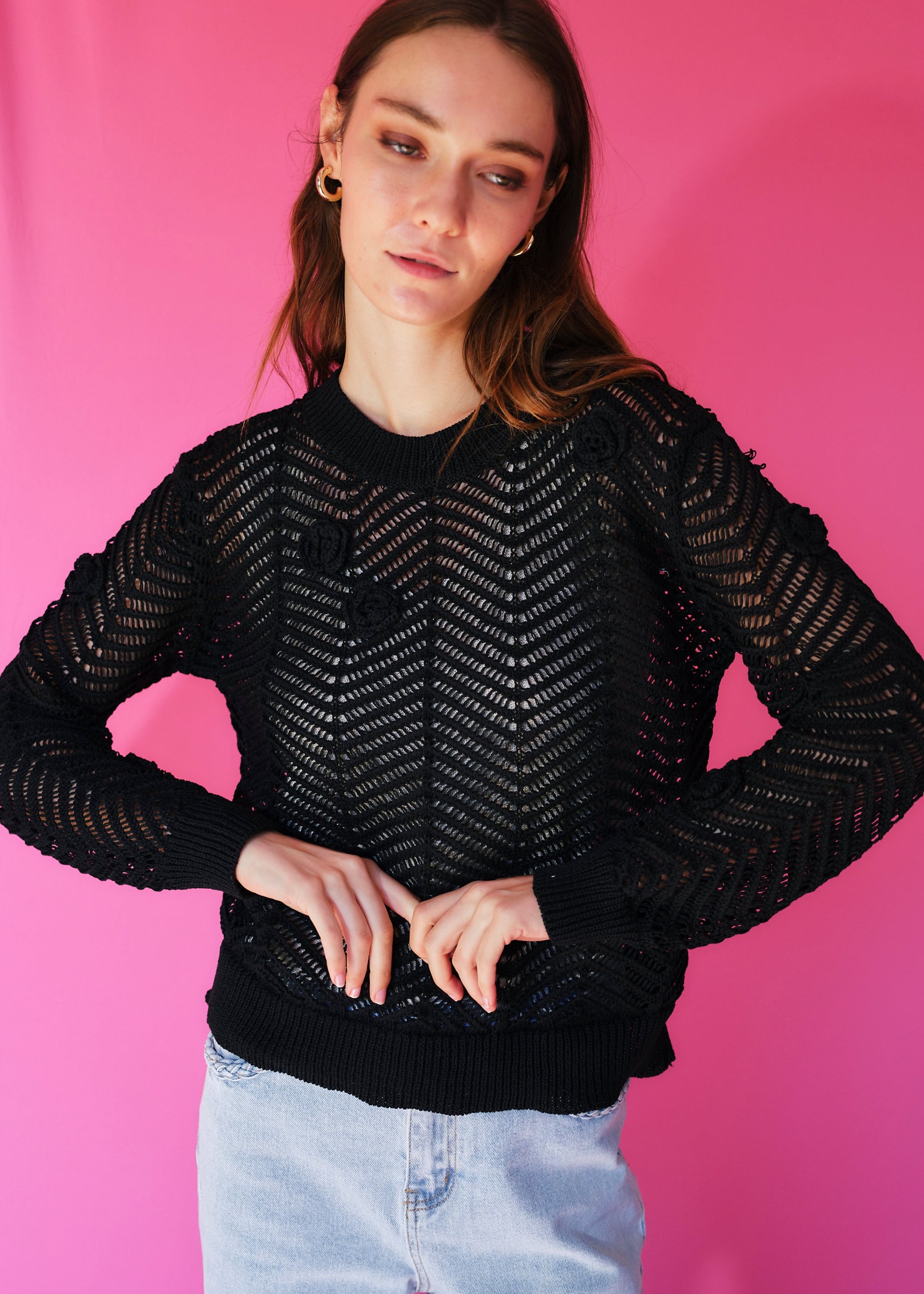 Camellia Knitted Open Weave Jumper with Lurex in Black