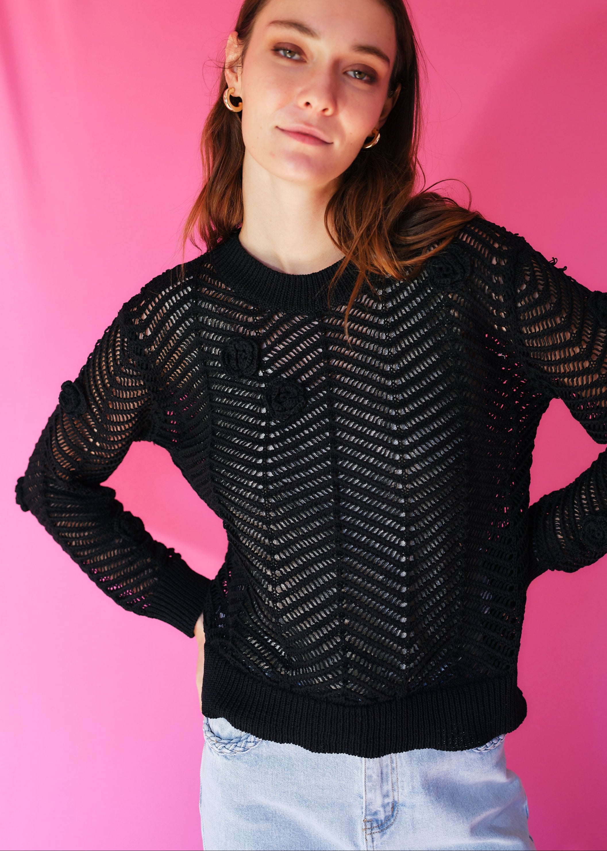 Camellia Knitted Open Weave Jumper with Lurex in Black