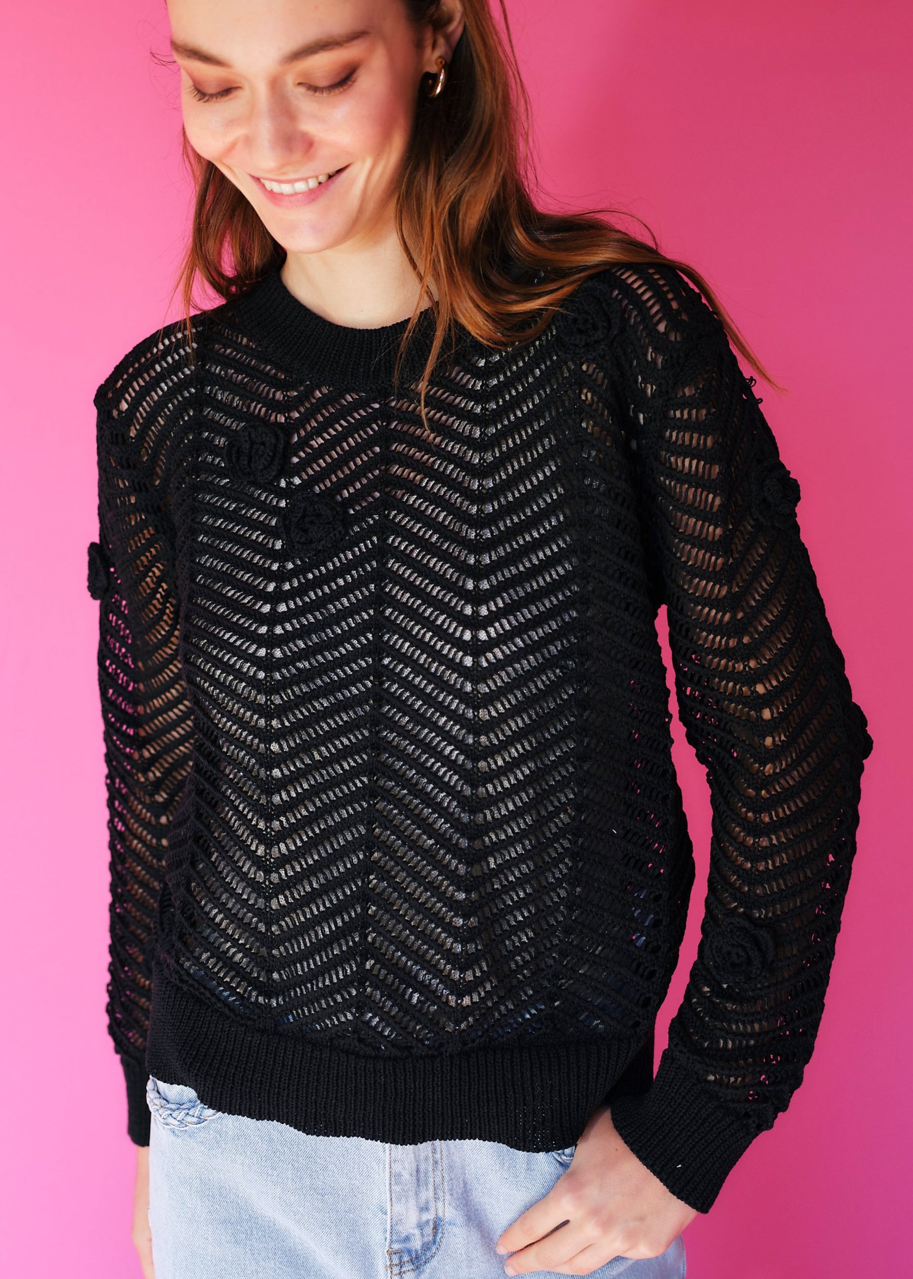 Camellia Knitted Open Weave Jumper with Lurex in Black