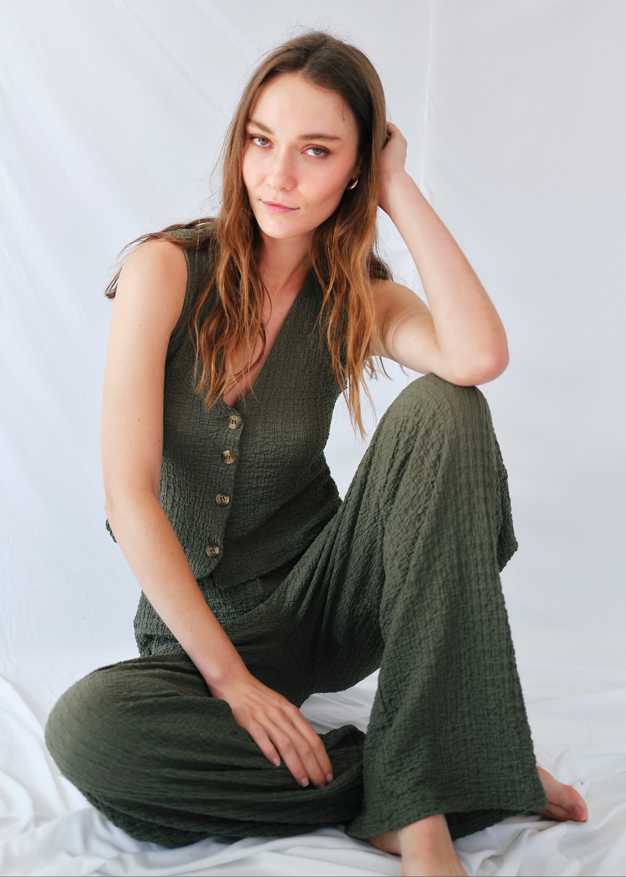 Tierra Italian Crepe Viscose Waistcoat and Palazzo Set in Khaki