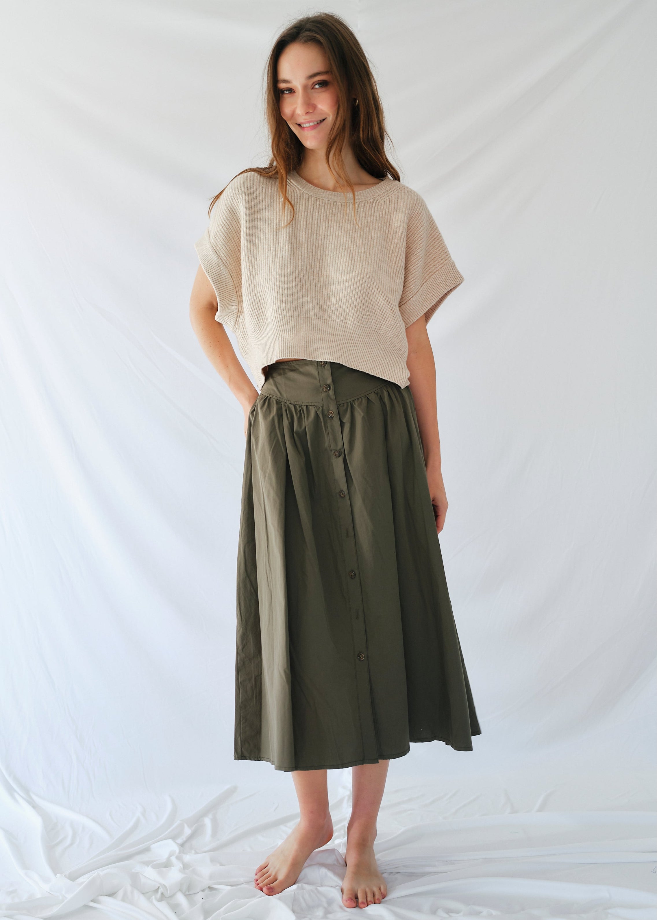 3/4 Skirt with front Buttons in Khaki