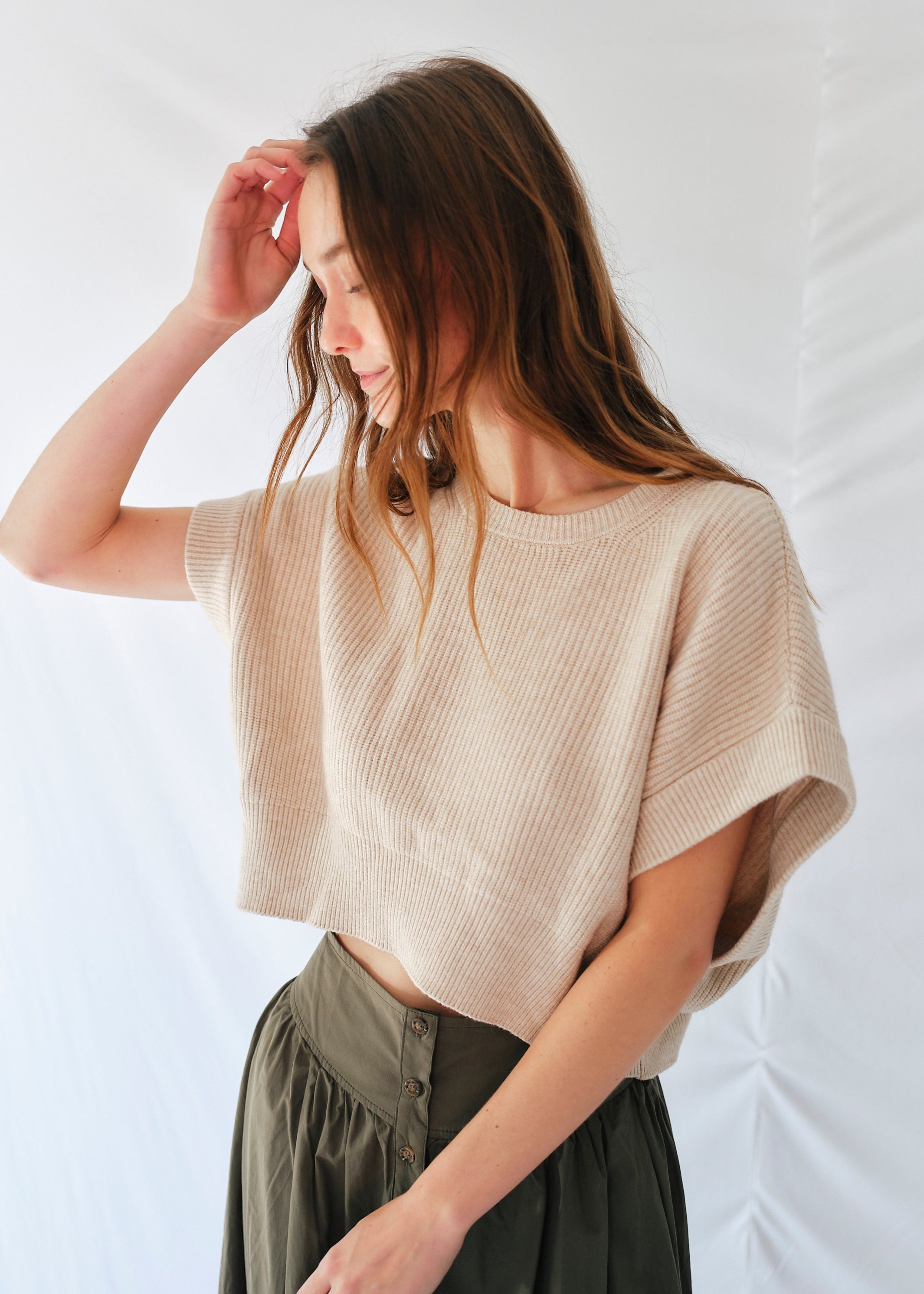 Cropped Batwing Knit in Beige