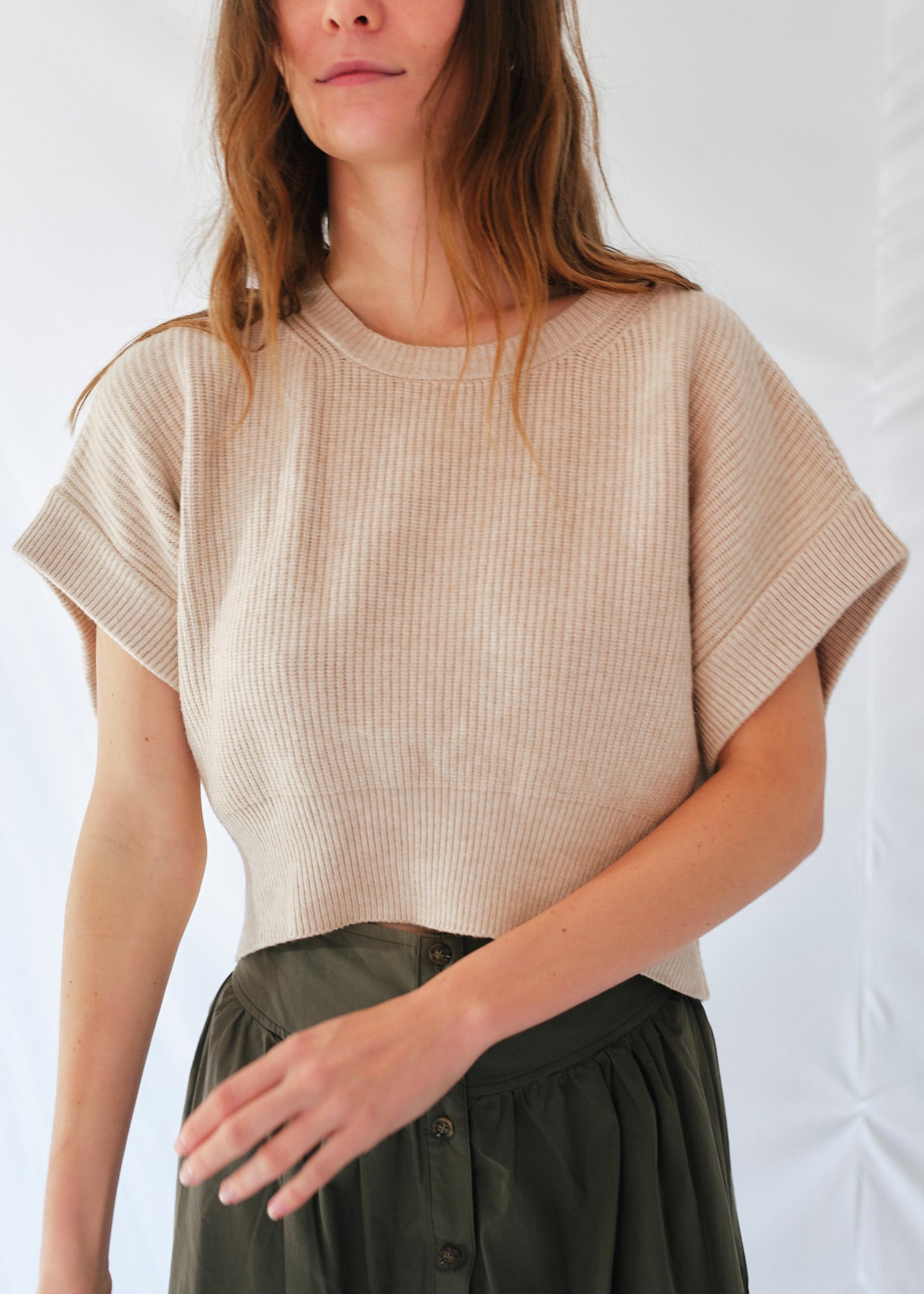 Cropped Batwing Knit in Beige