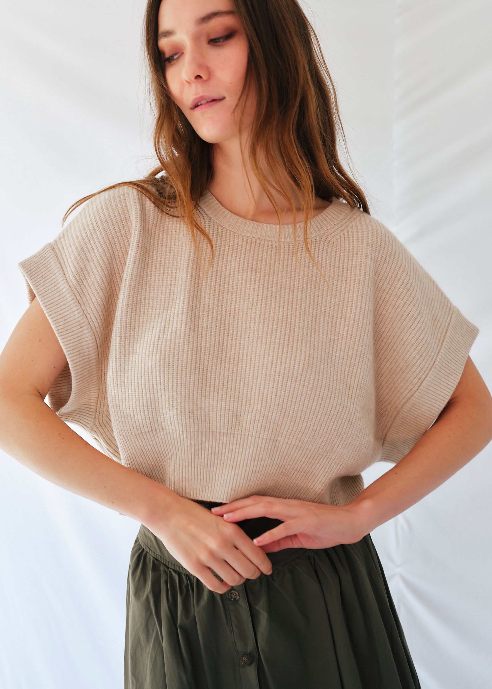 Cropped Batwing Knit in Beige