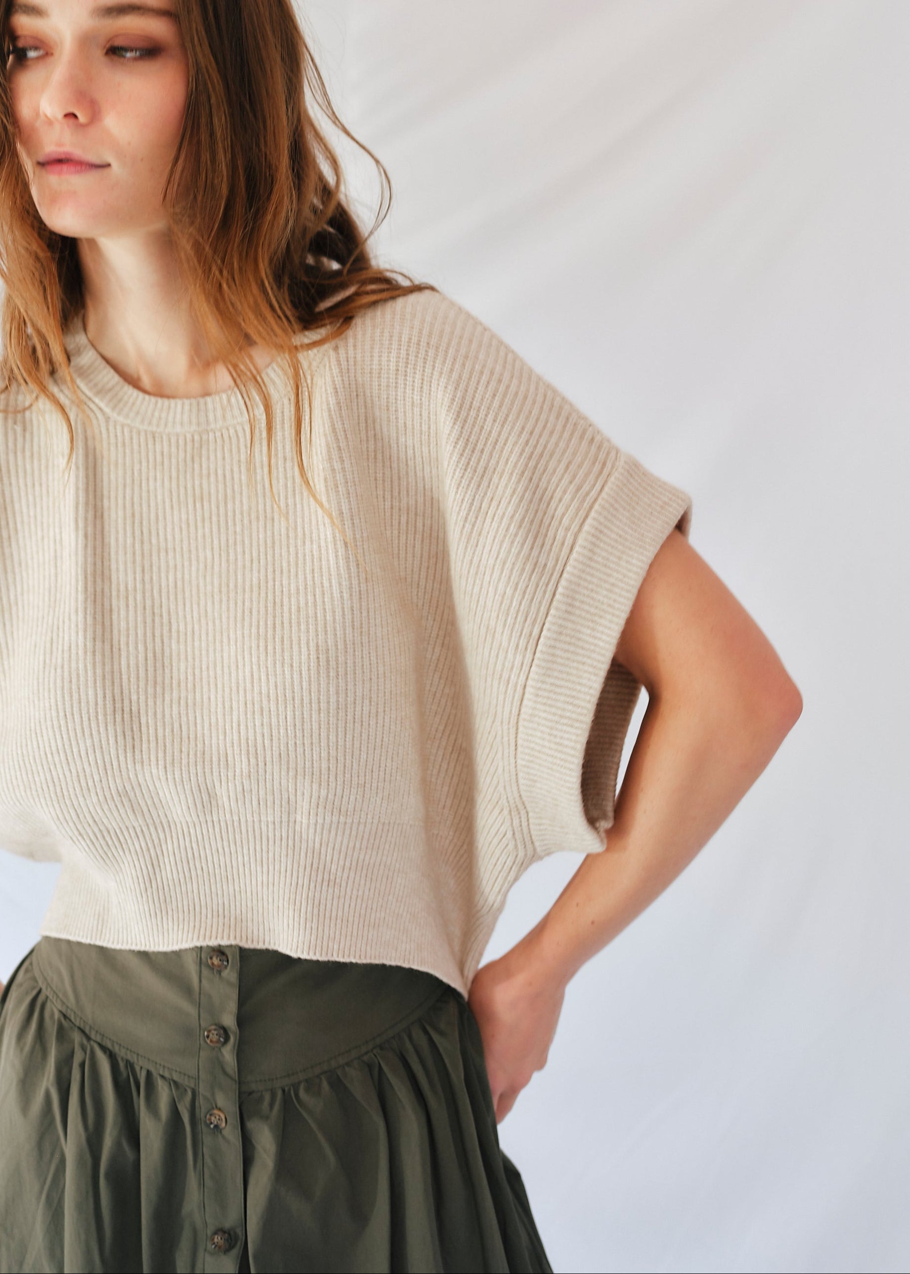 Cropped Batwing Knit in Beige