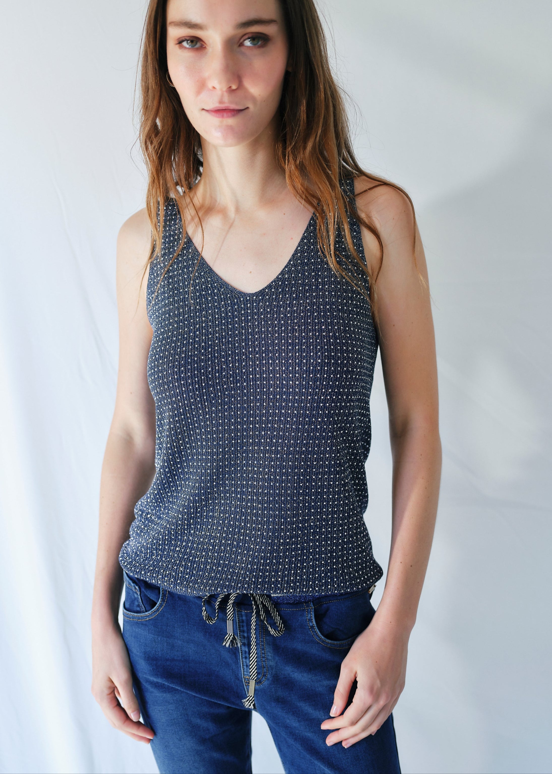 Studded Lurex Vest in Midnight Blue
