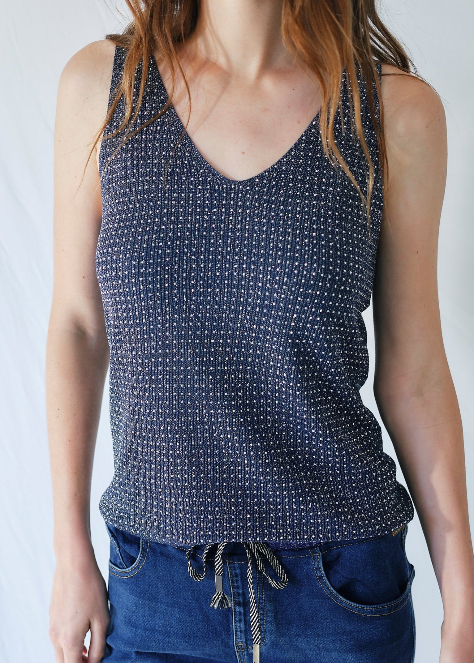 Studded Lurex Vest in Midnight Blue