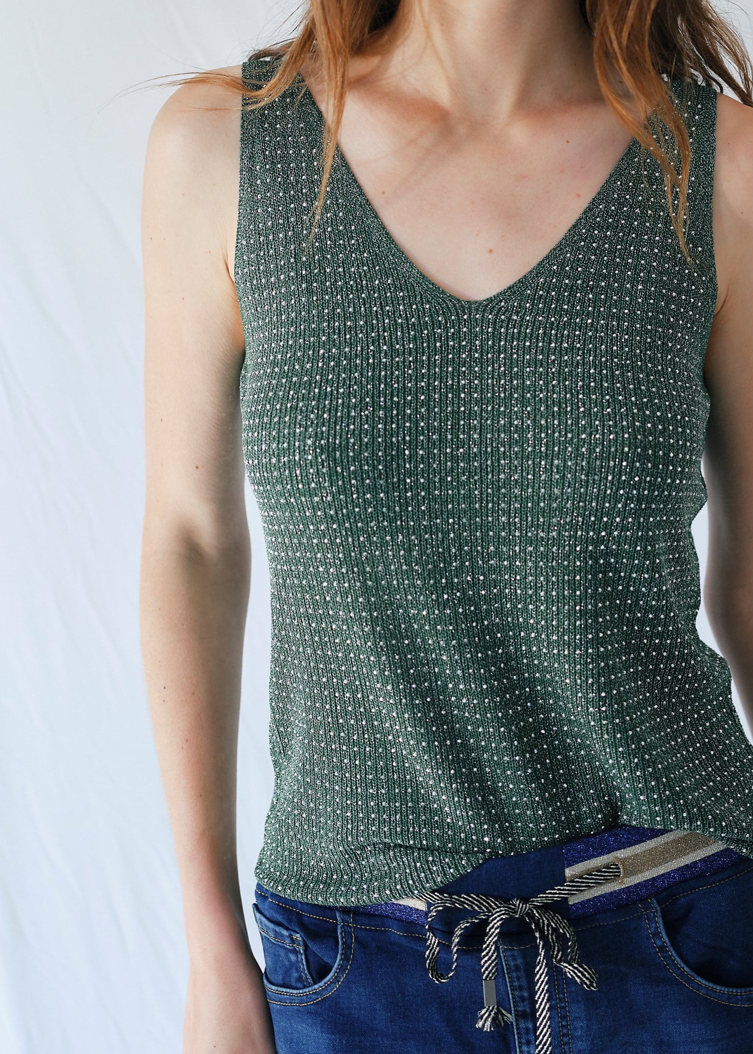 Studded Lurex Vest in Emerald Green