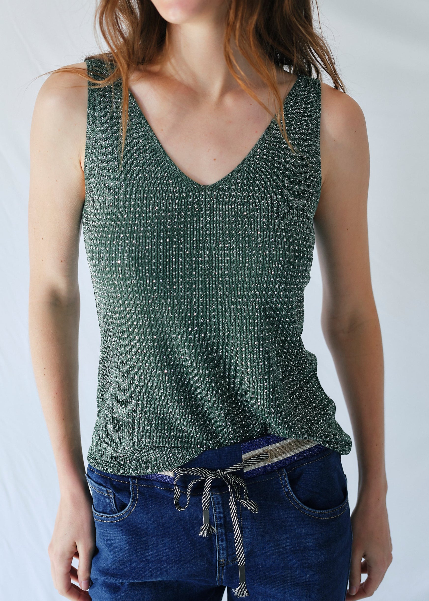 Studded Lurex Vest in Emerald Green