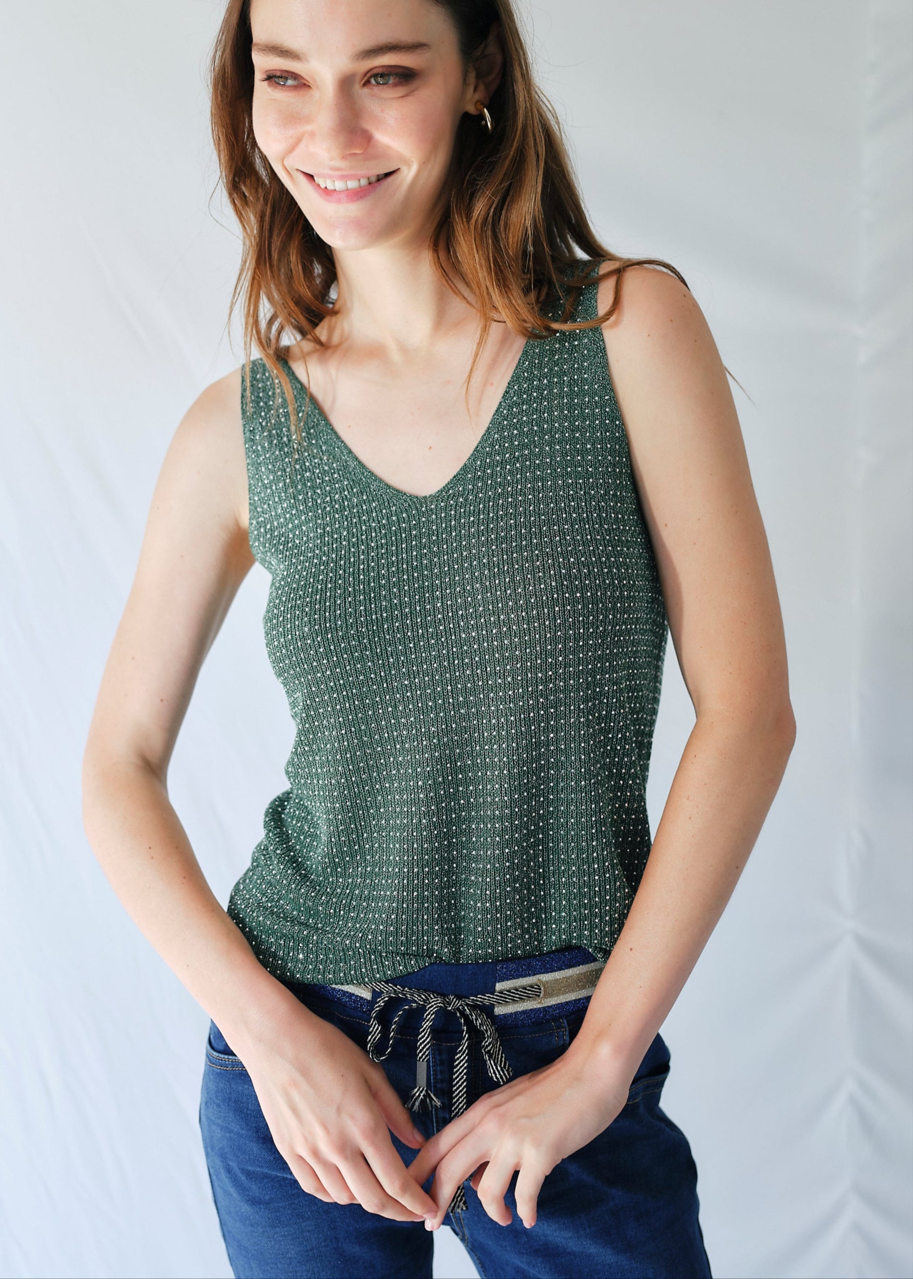 Studded Lurex Vest in Emerald Green