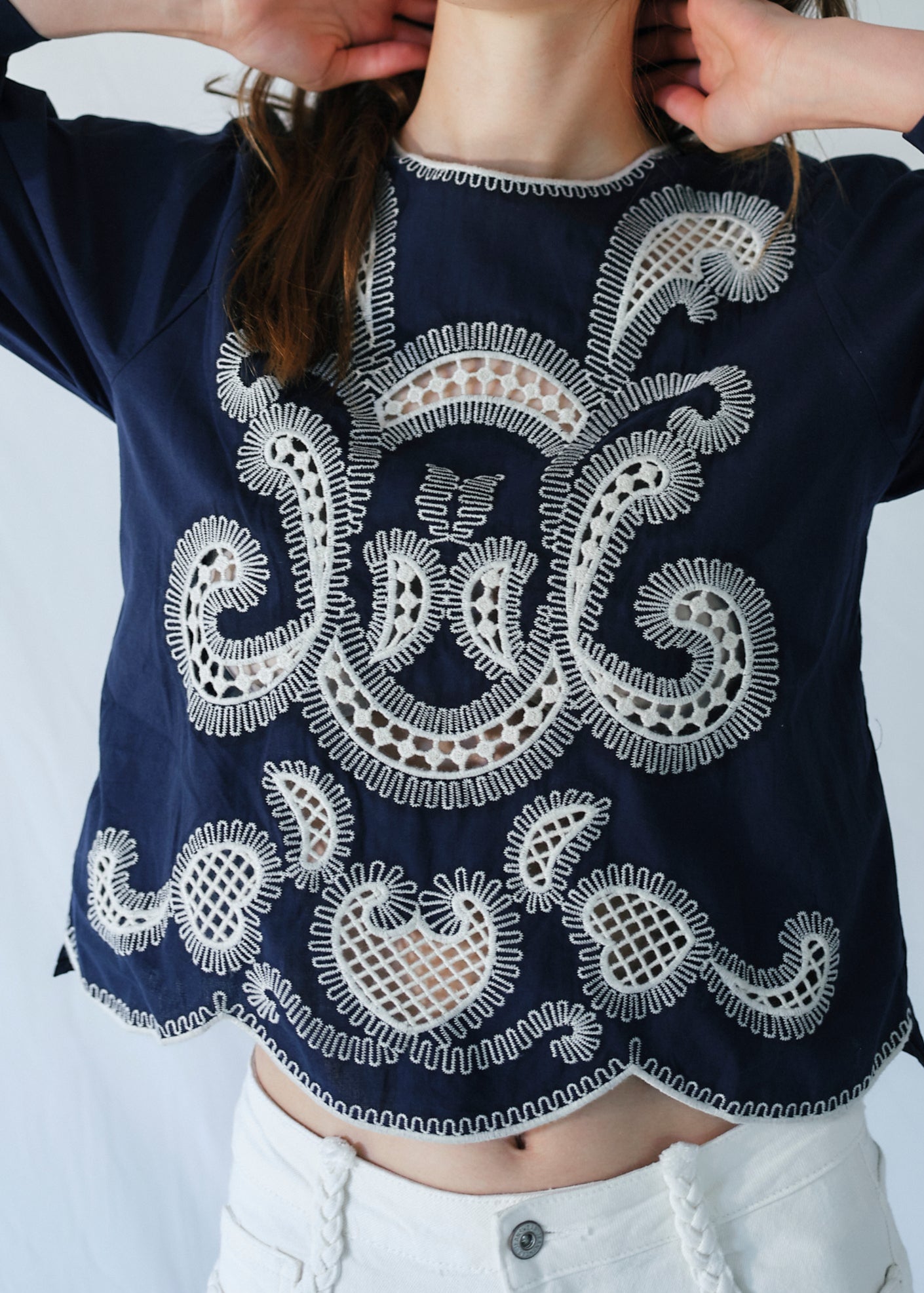 Cleo Cotton Blouse with White Motif in Navy Blue