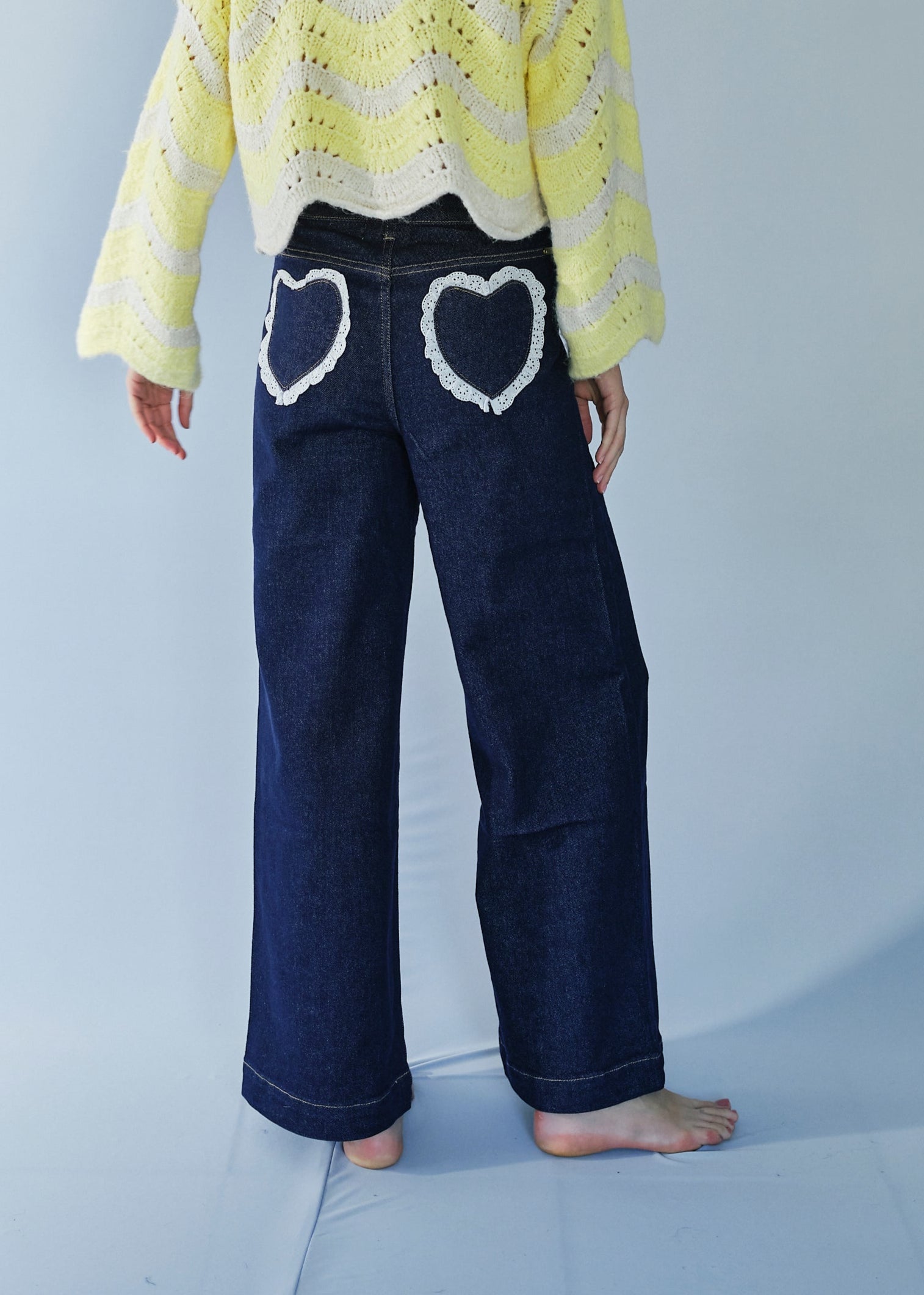 Wide Leg Jeans with Lace Heart on Back Pockets