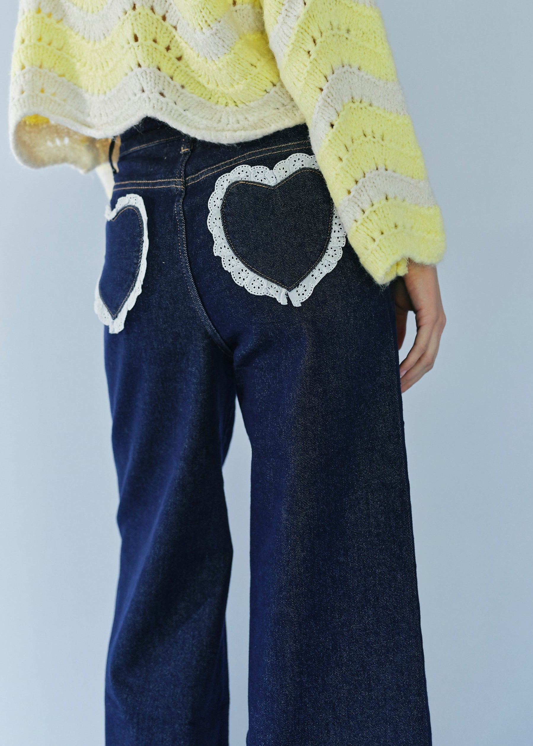 Wide Leg Jeans with Lace Heart on Back Pockets