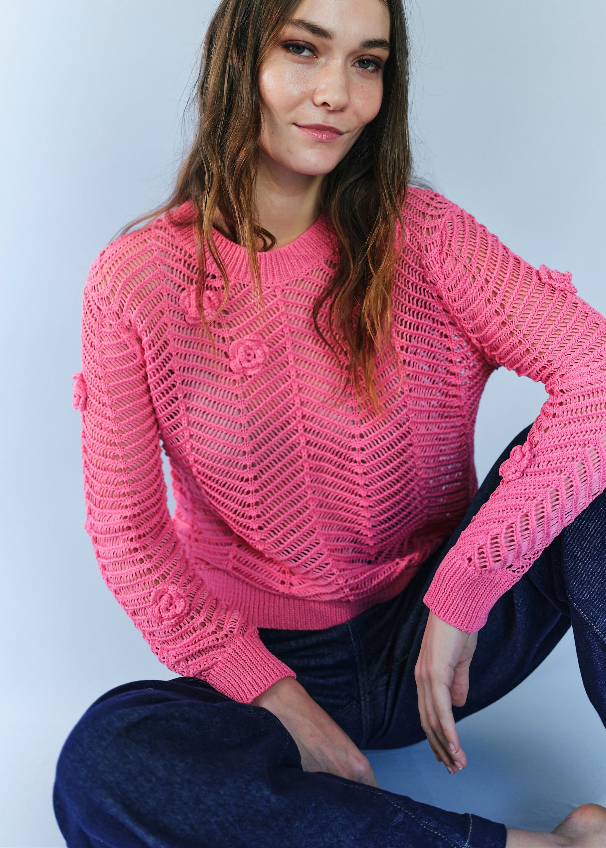 Camellia Knitted Open Weave Jumper with Lurex in Rose