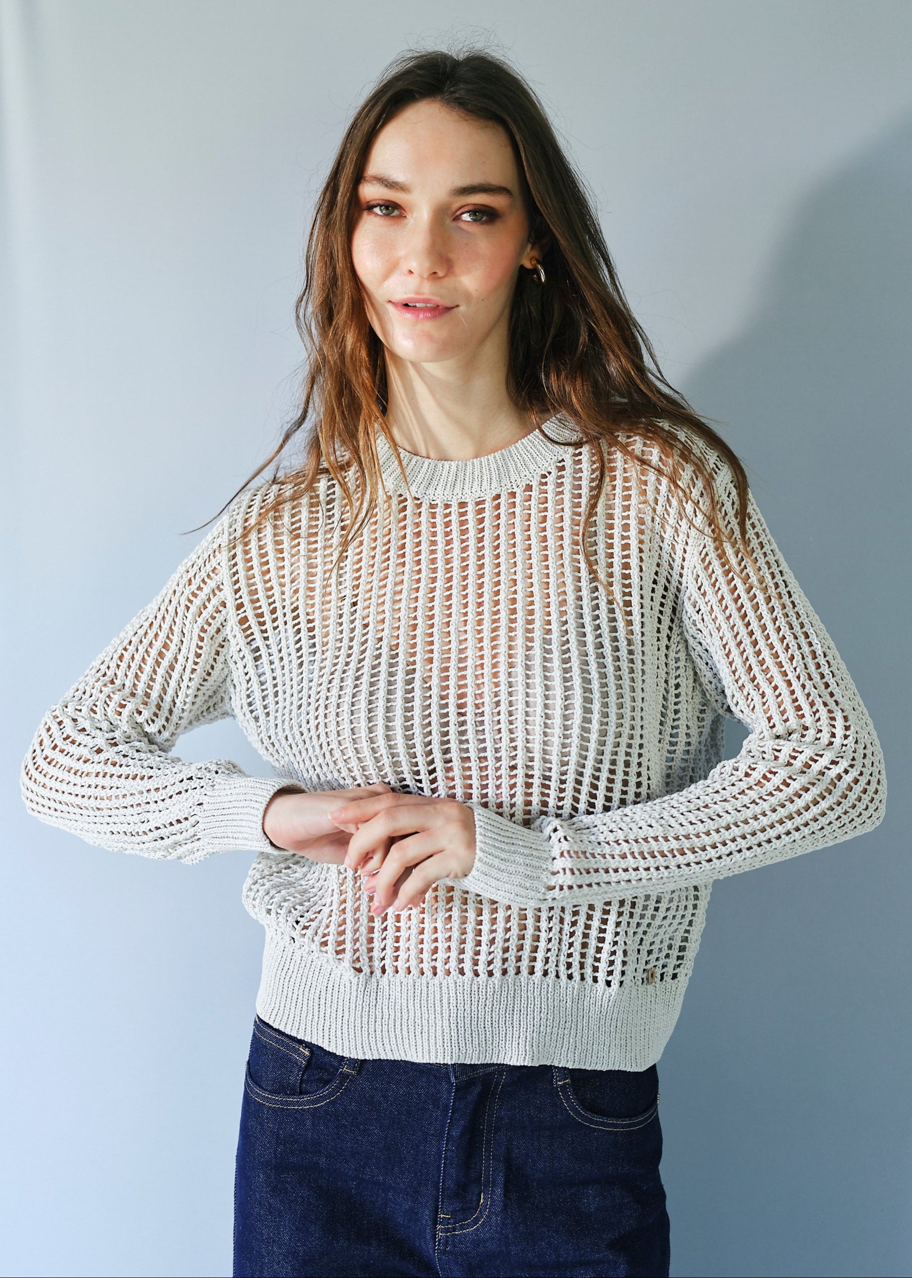 Ibiza Knitted Open Weave Jumper with Lurex in Cream