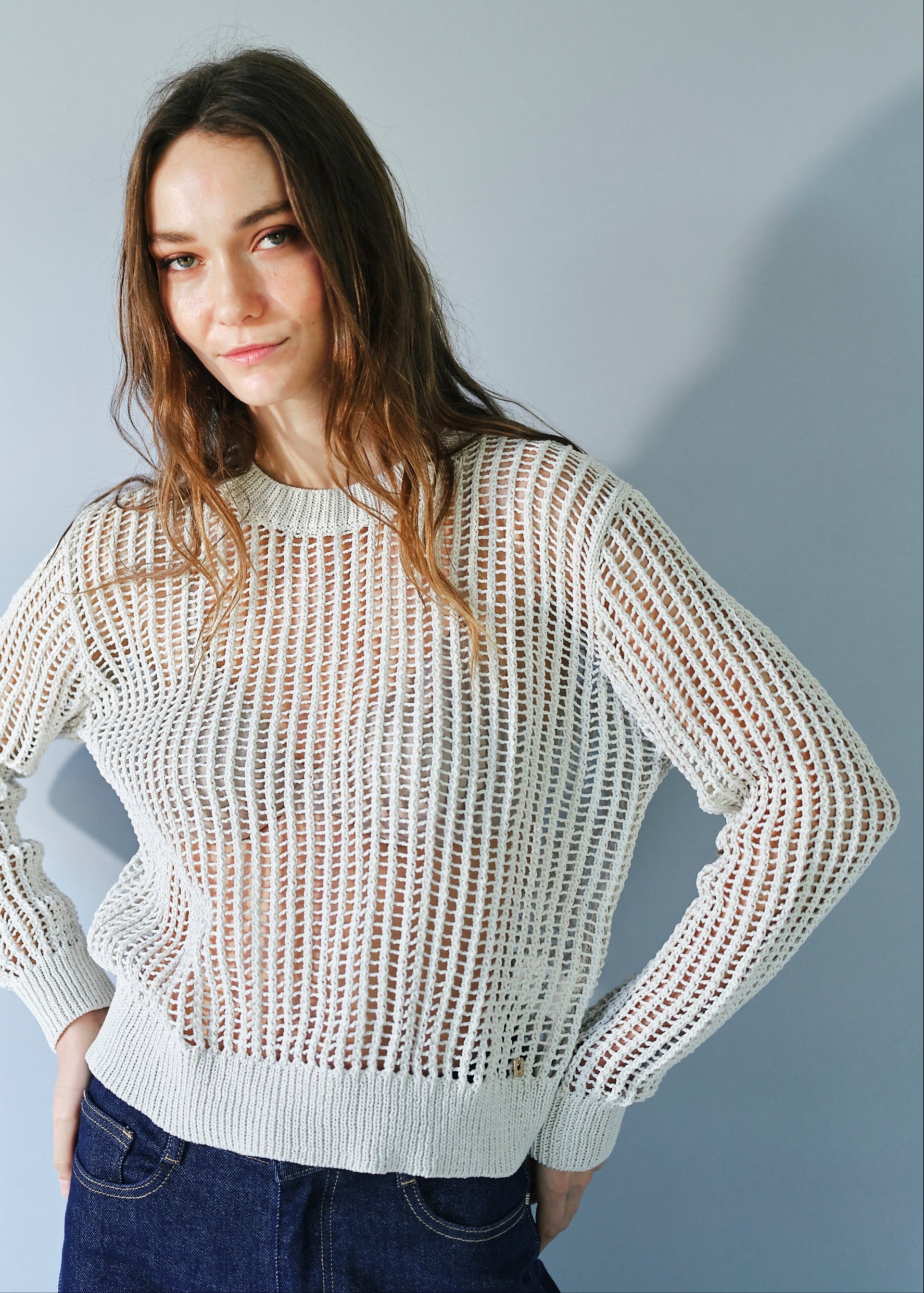 Ibiza Knitted Open Weave Jumper with Lurex in Cream